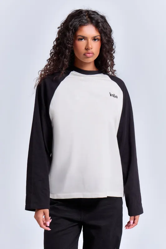 Kaiia Cotton Long Sleeve Raglan T Shirt Black & White made by Kaiia the label