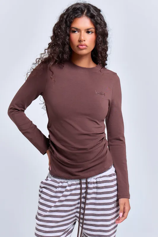 Kaiia Cinched Waist Cotton Long Sleeve Top Bitter Chocolate made by Kaiia the label