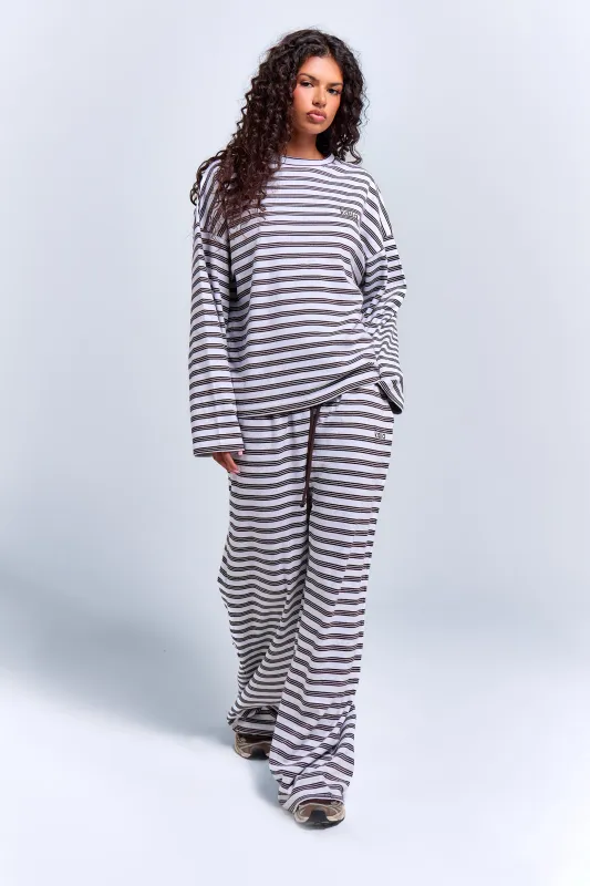 Kaiia Interlock Stripe Wide Leg Joggers Light Grey Marl & Chocolate made by Kaiia the label