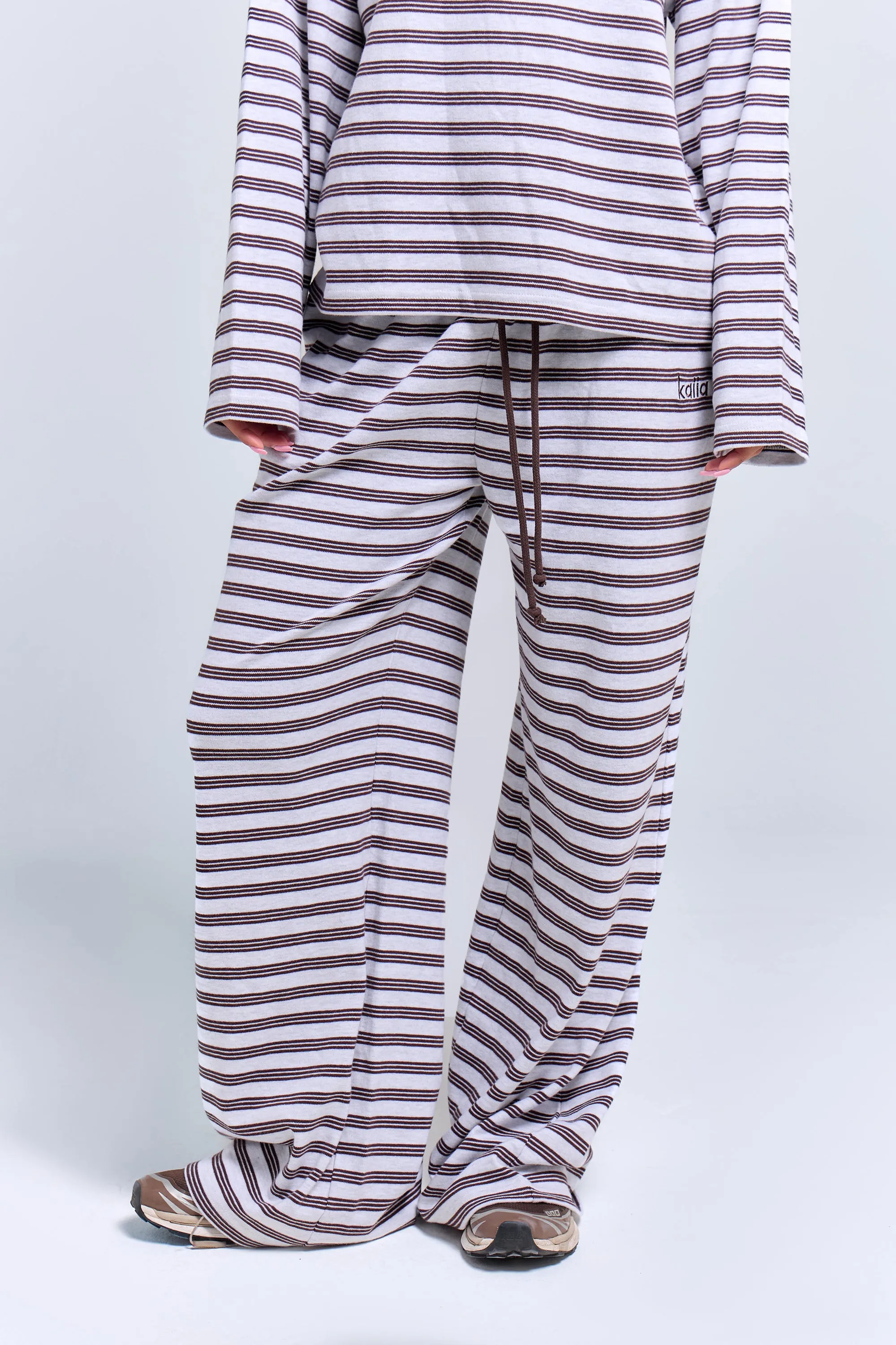 Kaiia Interlock Stripe Wide Leg Joggers Light Grey Marl & Chocolate sold by Kaiia the label product image thumbnail 3
