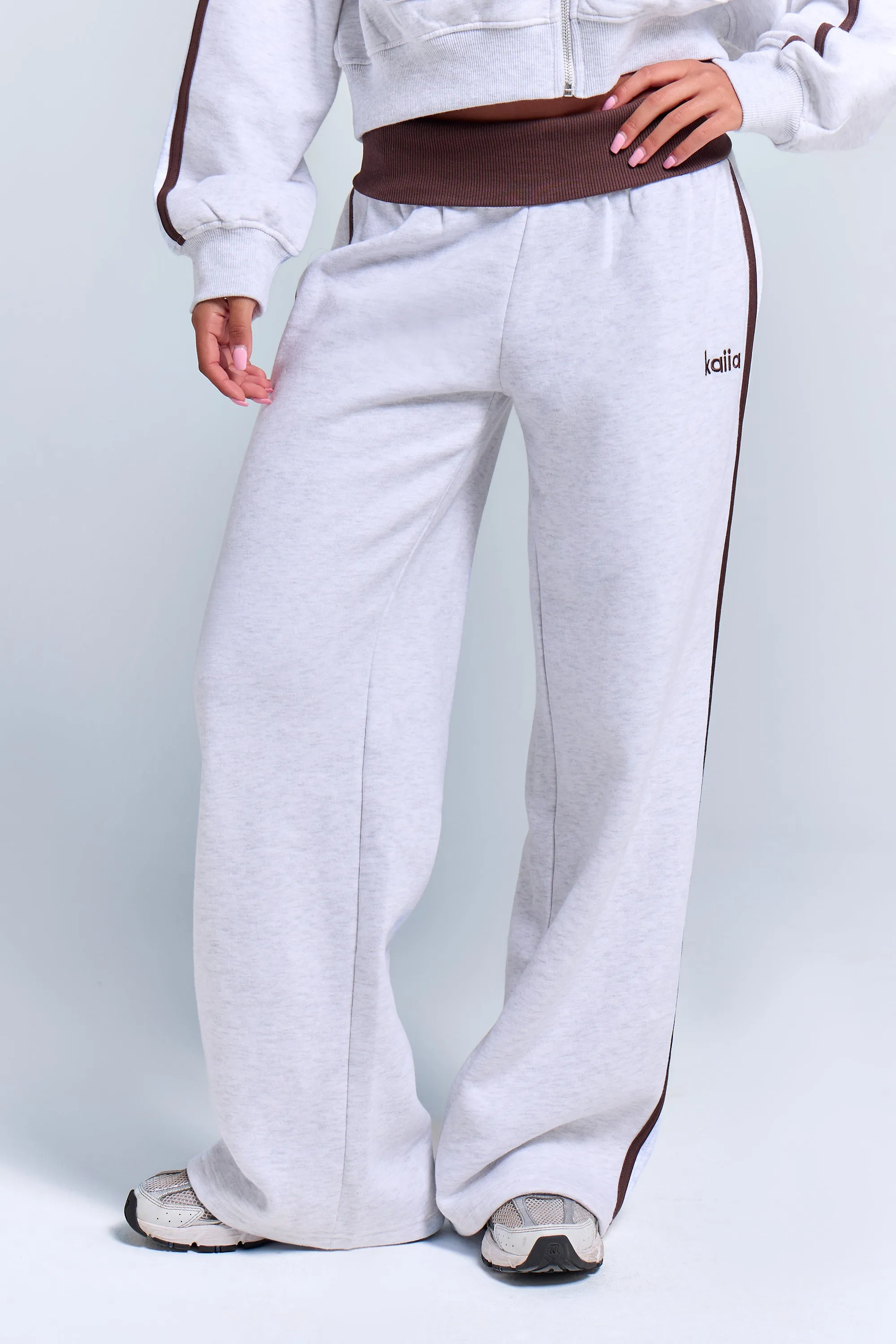 Kaiia Striped Foldover Wide Leg Joggers Light Grey Marl & Chocolate sold by Kaiia the label product image thumbnail 3