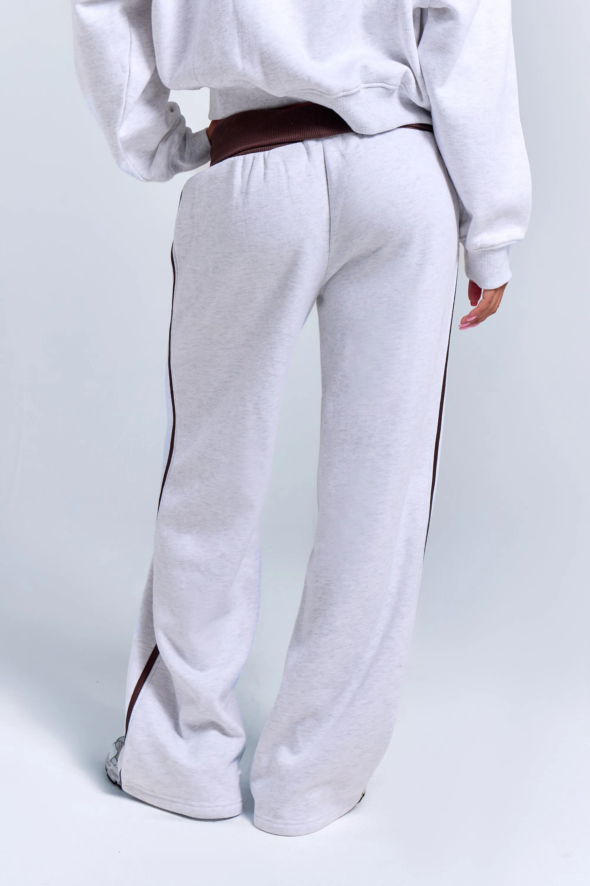 Kaiia Striped Foldover Wide Leg Joggers Light Grey Marl & Chocolate sold by Kaiia the label product image thumbnail 4