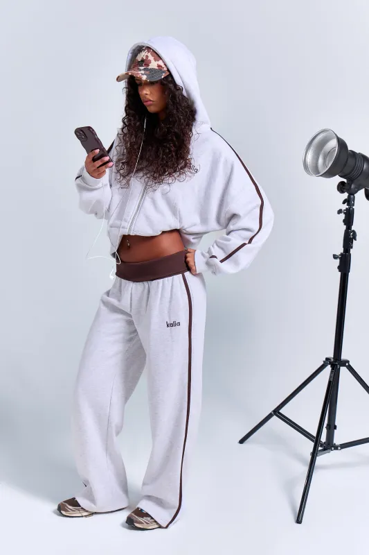 Kaiia Striped Foldover Wide Leg Joggers Light Grey Marl & Chocolate made by Kaiia the label