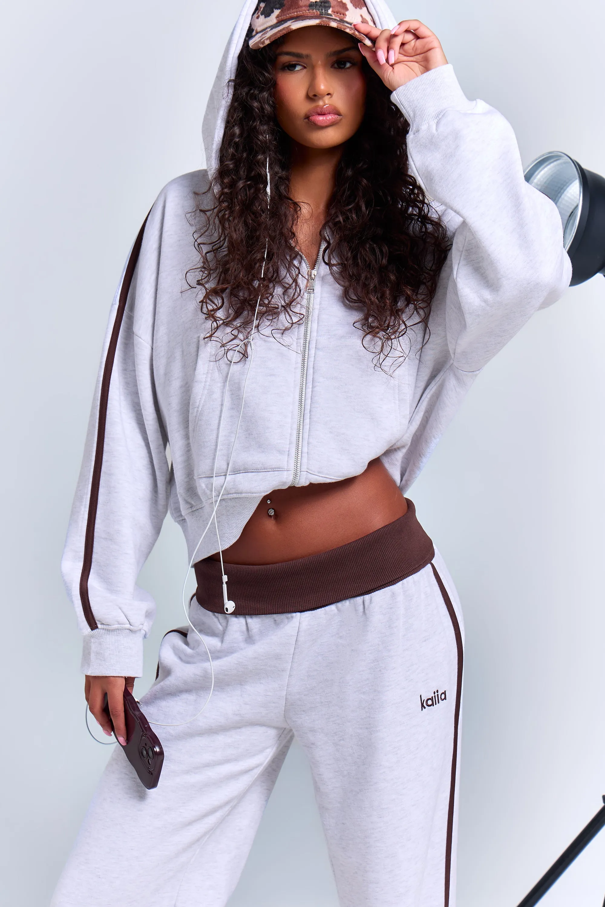 Kaiia Striped Foldover Wide Leg Joggers Light Grey Marl & Chocolate sold by Kaiia the label product image thumbnail 2