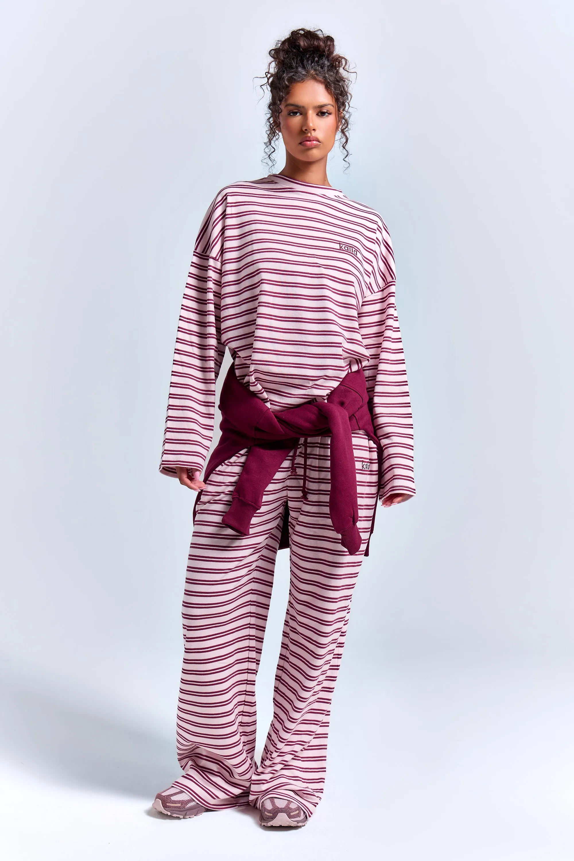 Kaiia Interlock Stripe Wide Leg Joggers Pink Chai & Burgundy sold by Kaiia the label product image thumbnail 3