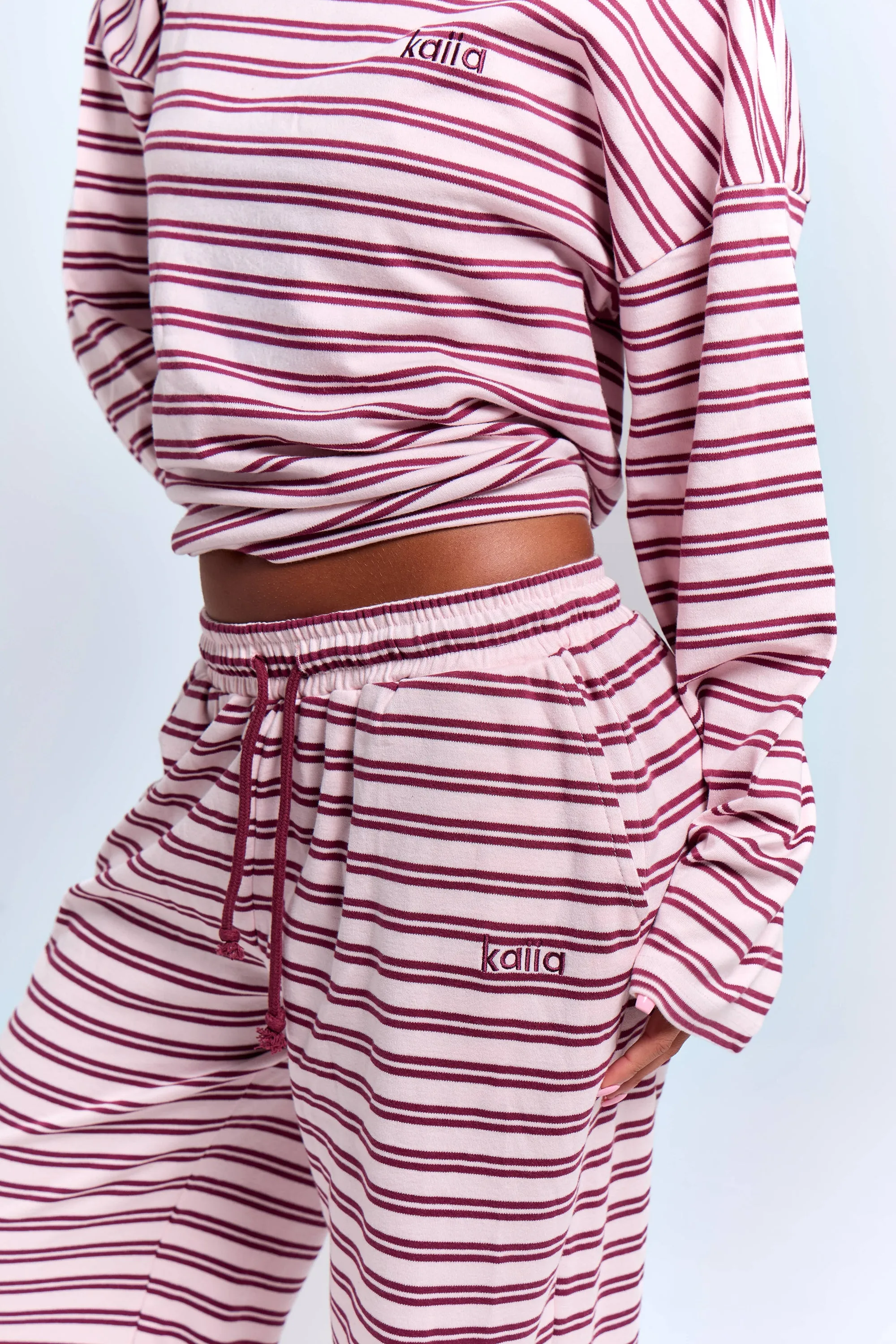 Kaiia Interlock Stripe Wide Leg Joggers Pink Chai & Burgundy sold by Kaiia the label product image thumbnail 2