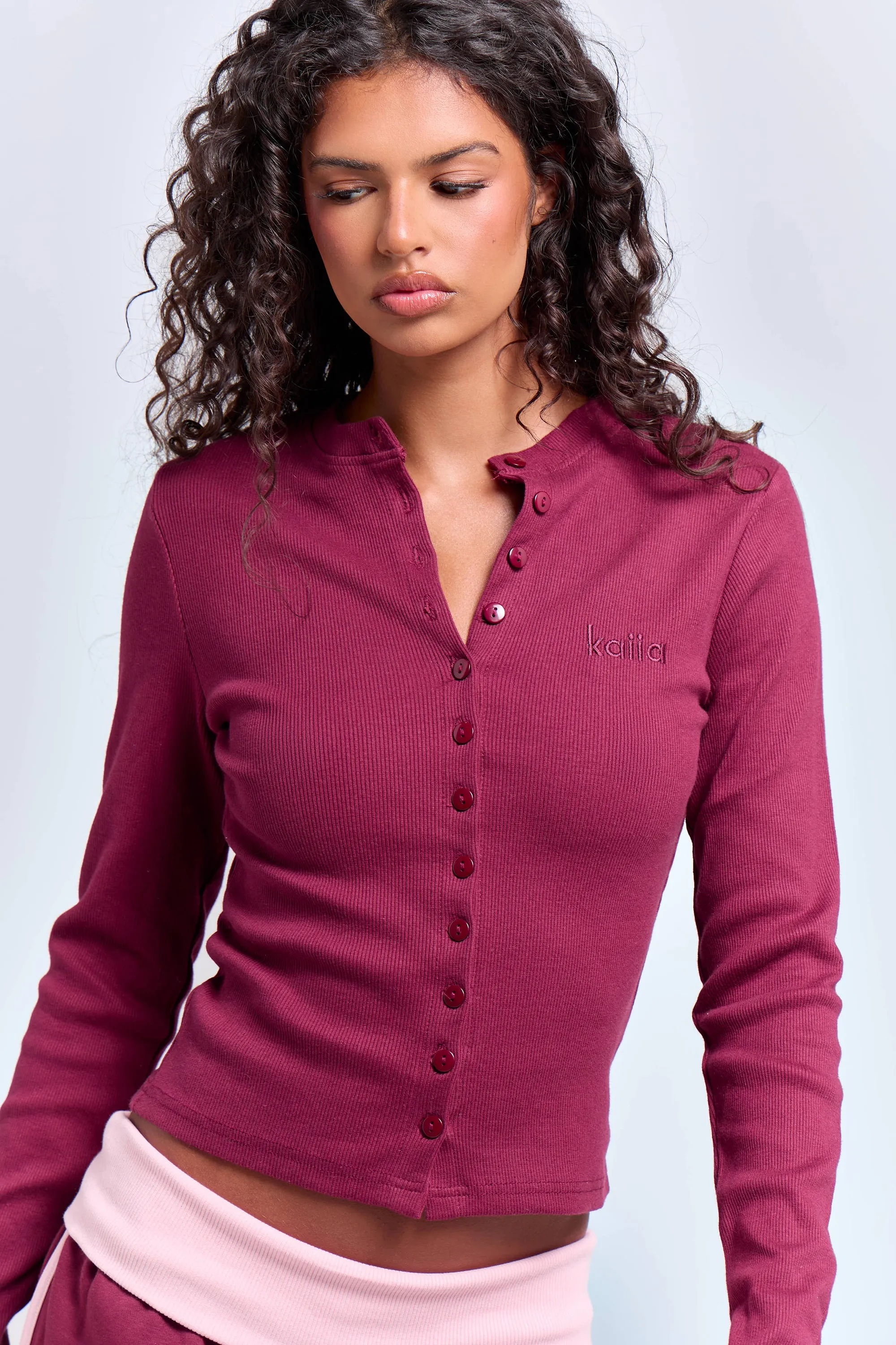 Kaiia Ribbed Long Sleeve Button Front Top Deep Burgundy sold by Kaiia the label product image thumbnail 2