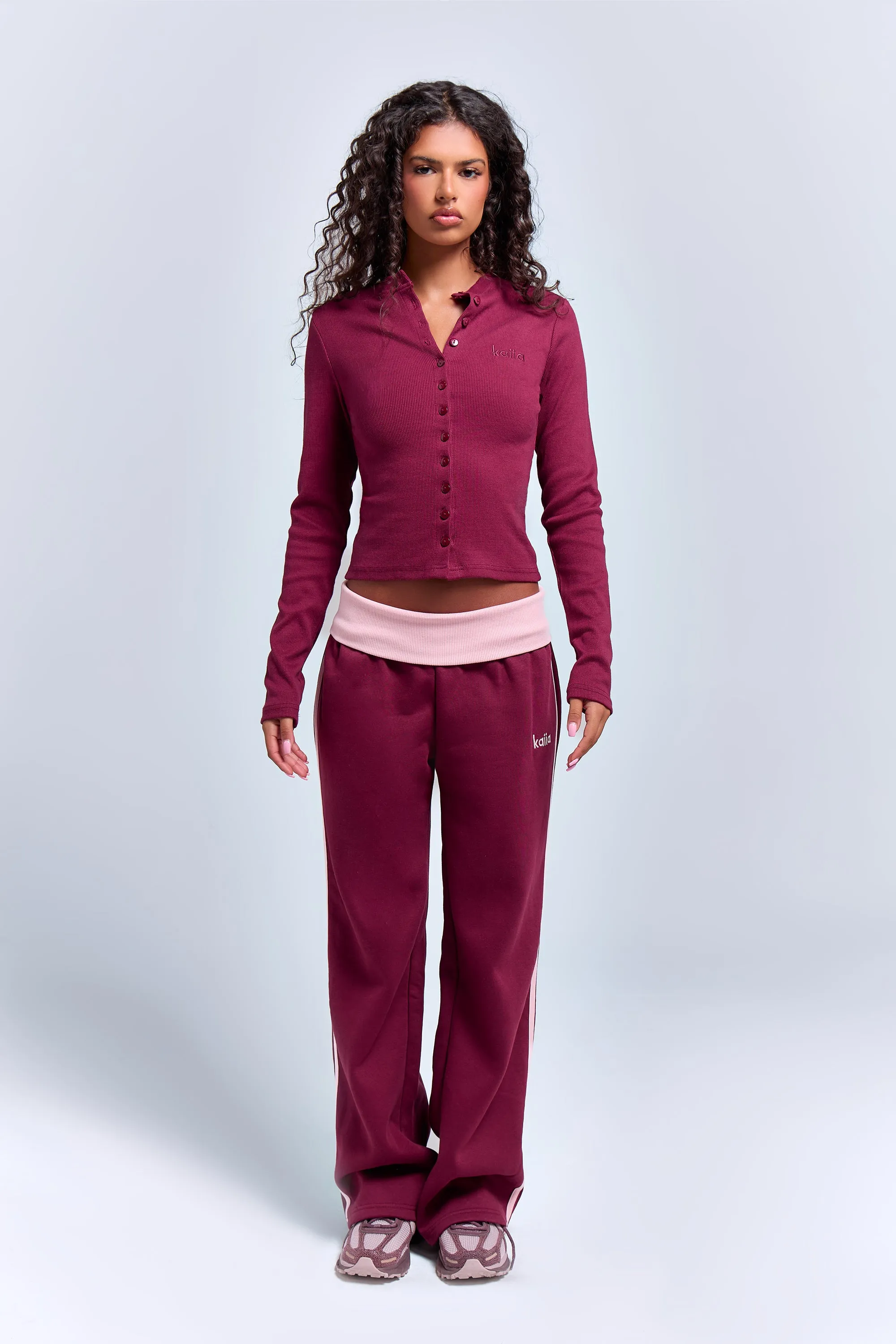 Kaiia Ribbed Long Sleeve Button Front Top Deep Burgundy sold by Kaiia the label product image thumbnail 3