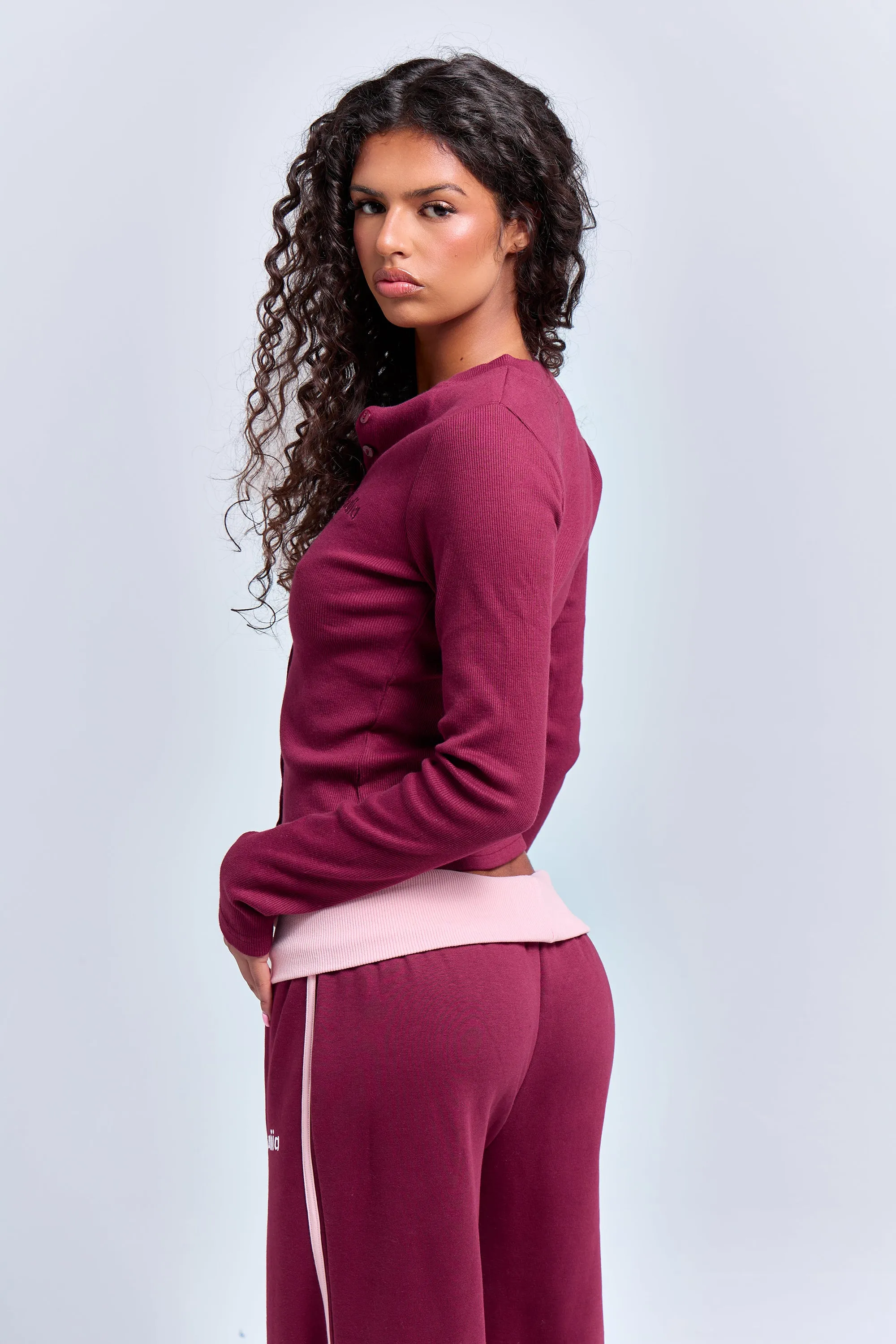 Kaiia Ribbed Long Sleeve Button Front Top Deep Burgundy sold by Kaiia the label product image thumbnail 4