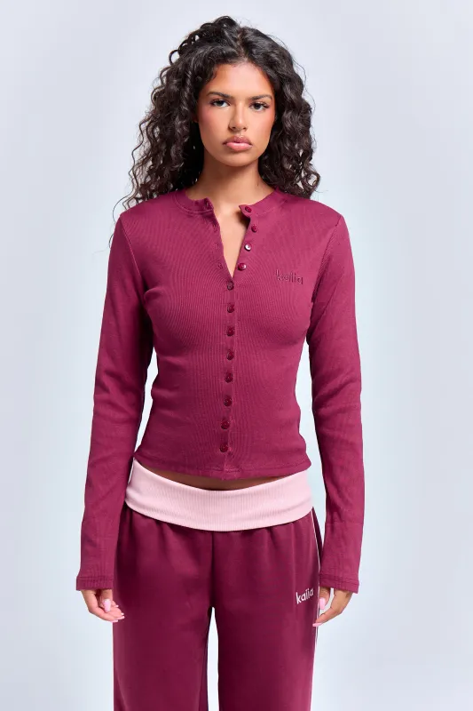 Kaiia Ribbed Long Sleeve Button Front Top Deep Burgundy made by Kaiia the label