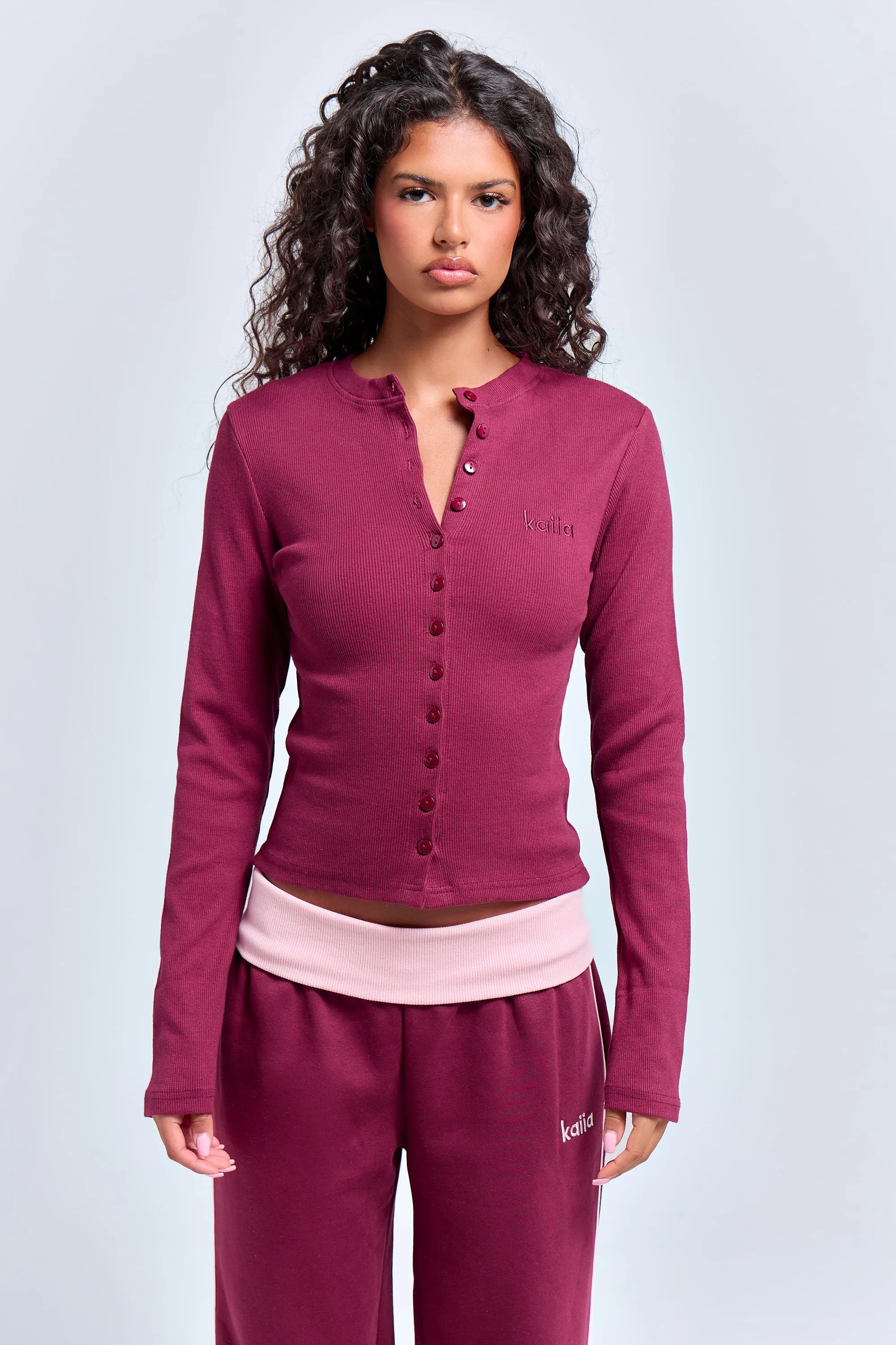 Kaiia Ribbed Long Sleeve Button Front Top Deep Burgundy sold by Kaiia the label