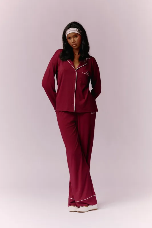 Kaiia Contrast Piping Button Down Top & Trouser Pyjama Set Burgundy & Pink made by Kaiia the label