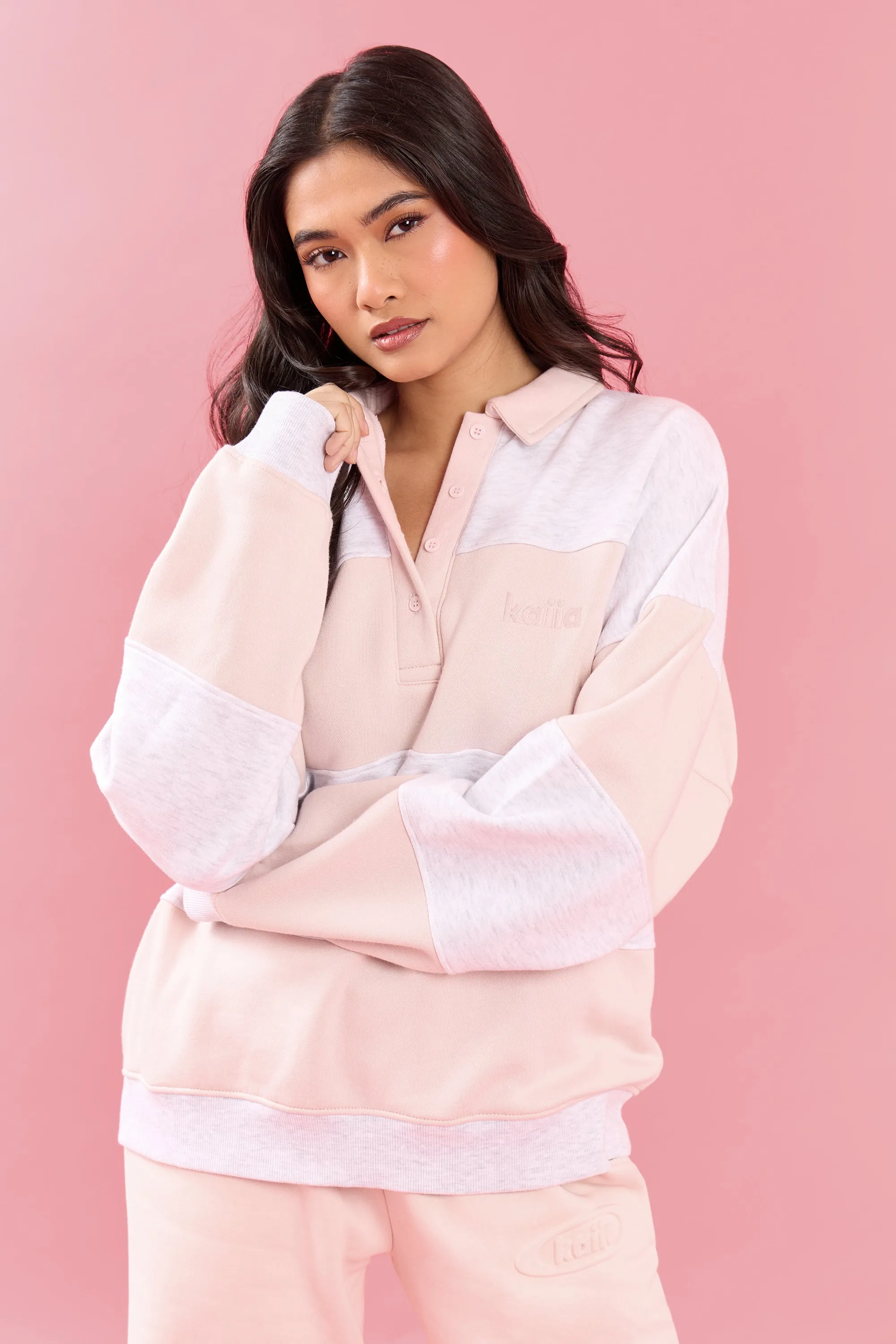 Kaiia Striped Oversized Rugby Sweatshirt Light Grey Marl & Pink Chai sold by Kaiia the label