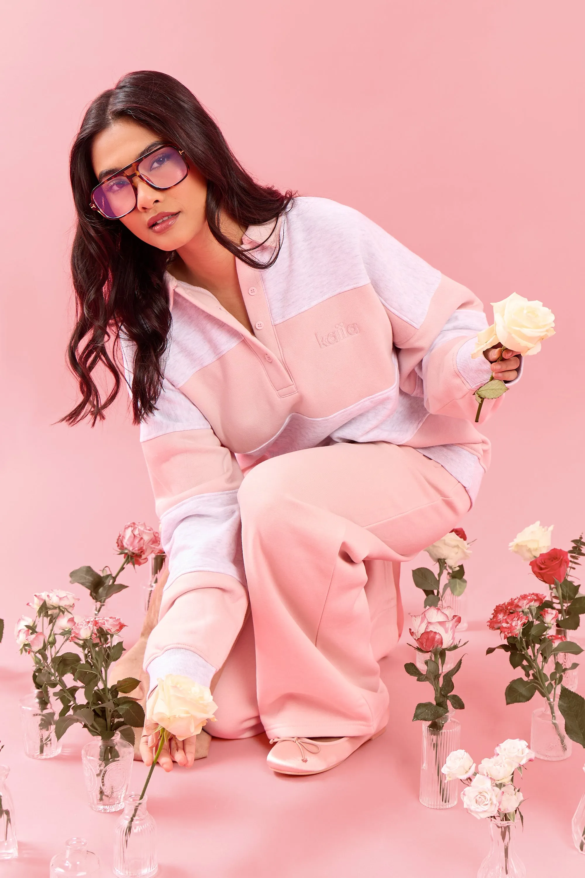 Kaiia Striped Oversized Rugby Sweatshirt Light Grey Marl & Pink Chai sold by Kaiia the label product image thumbnail 2