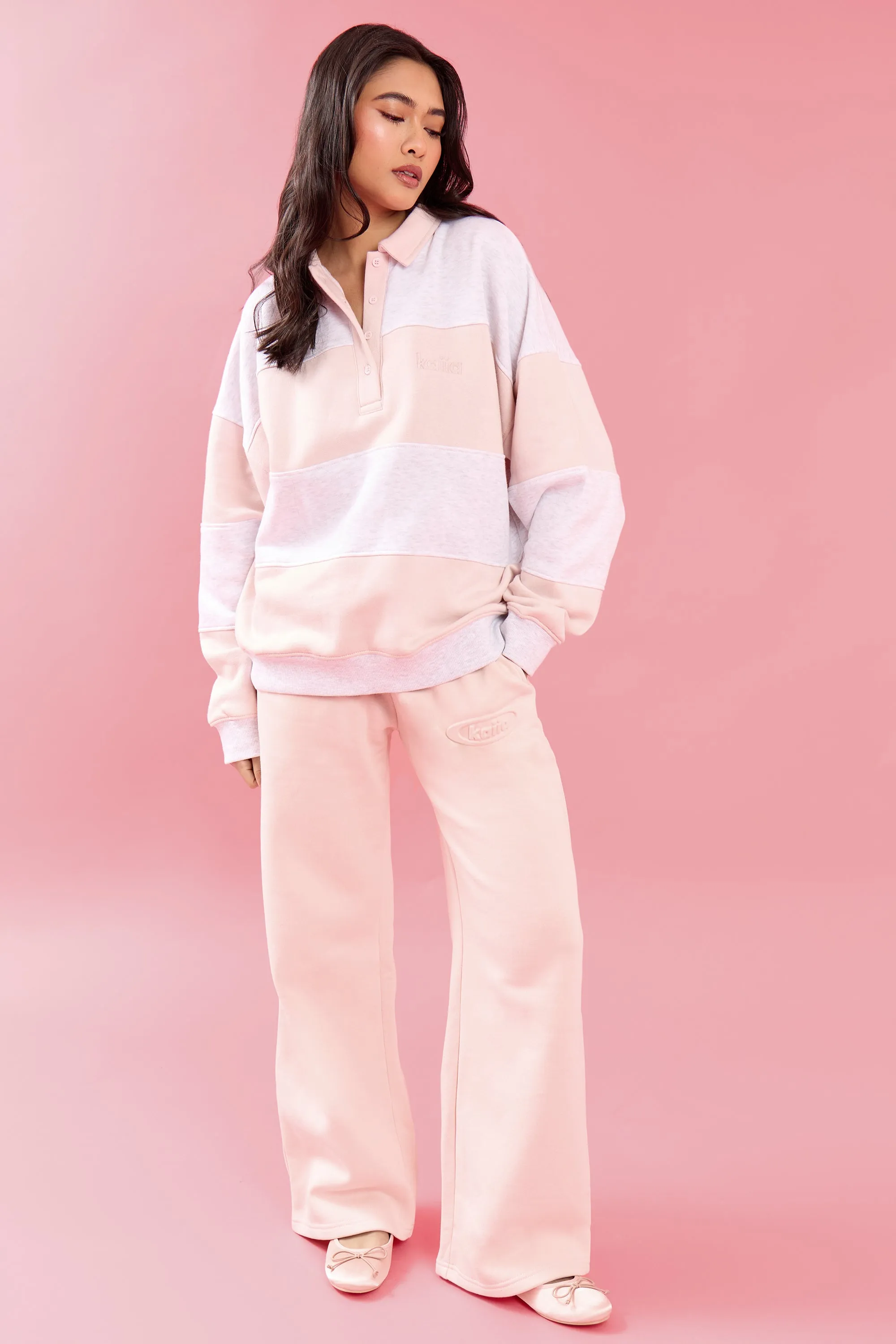 Kaiia Striped Oversized Rugby Sweatshirt Light Grey Marl & Pink Chai sold by Kaiia the label product image thumbnail 3