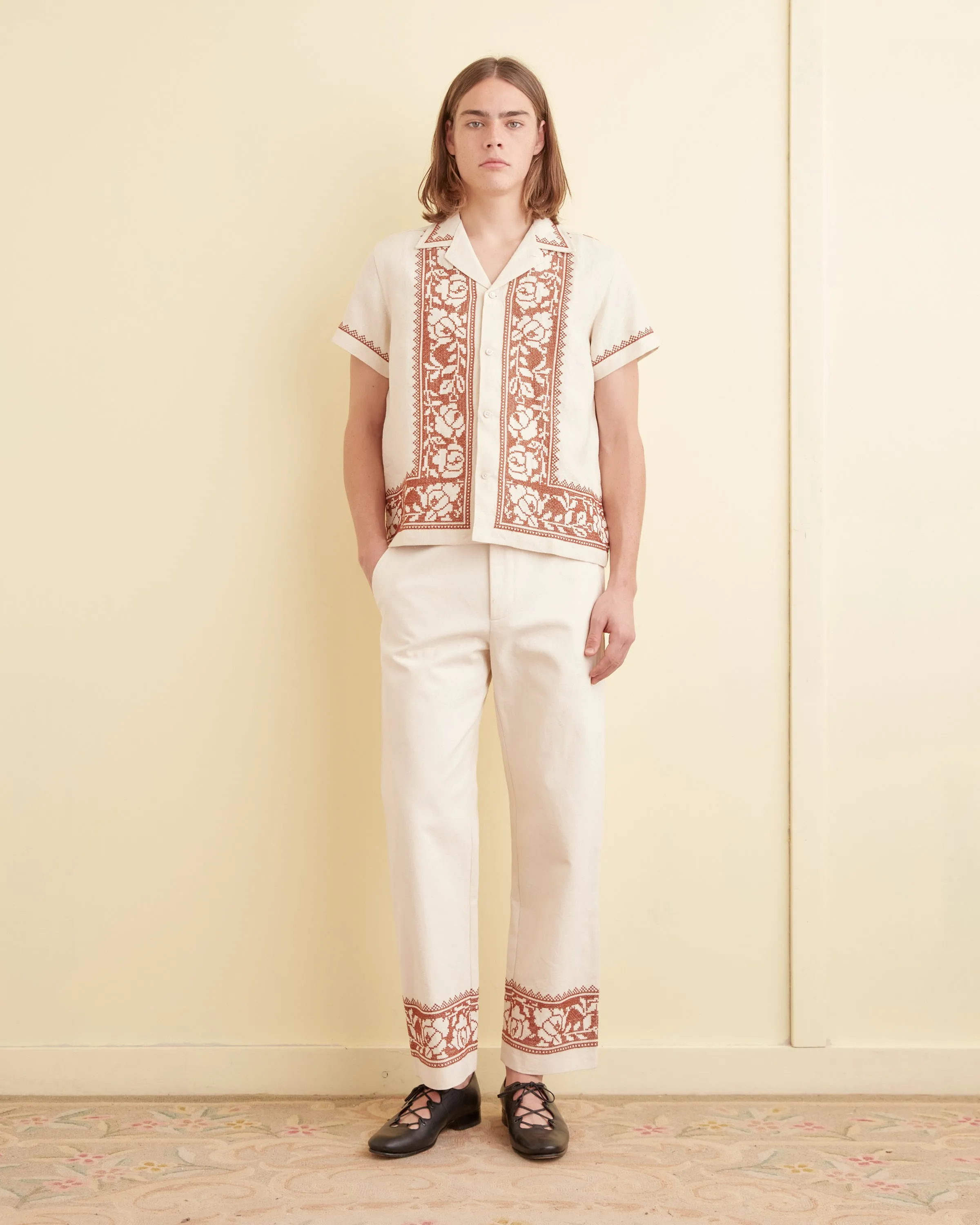 Cross-Stitched Rose Garland Short Sleeve Shirt sold by BODE