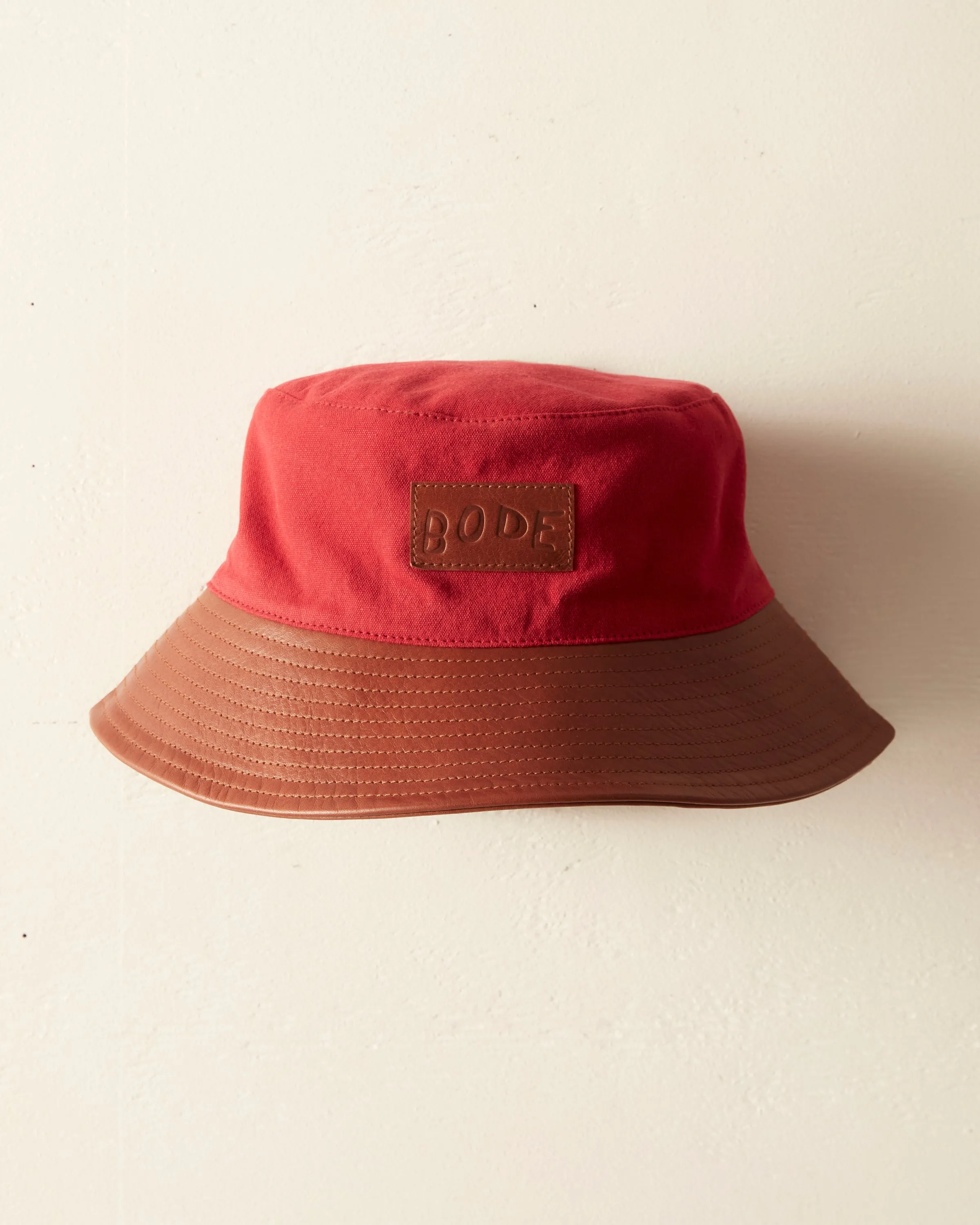 Leather Brim Bucket Hat - Tan/Red sold by BODE