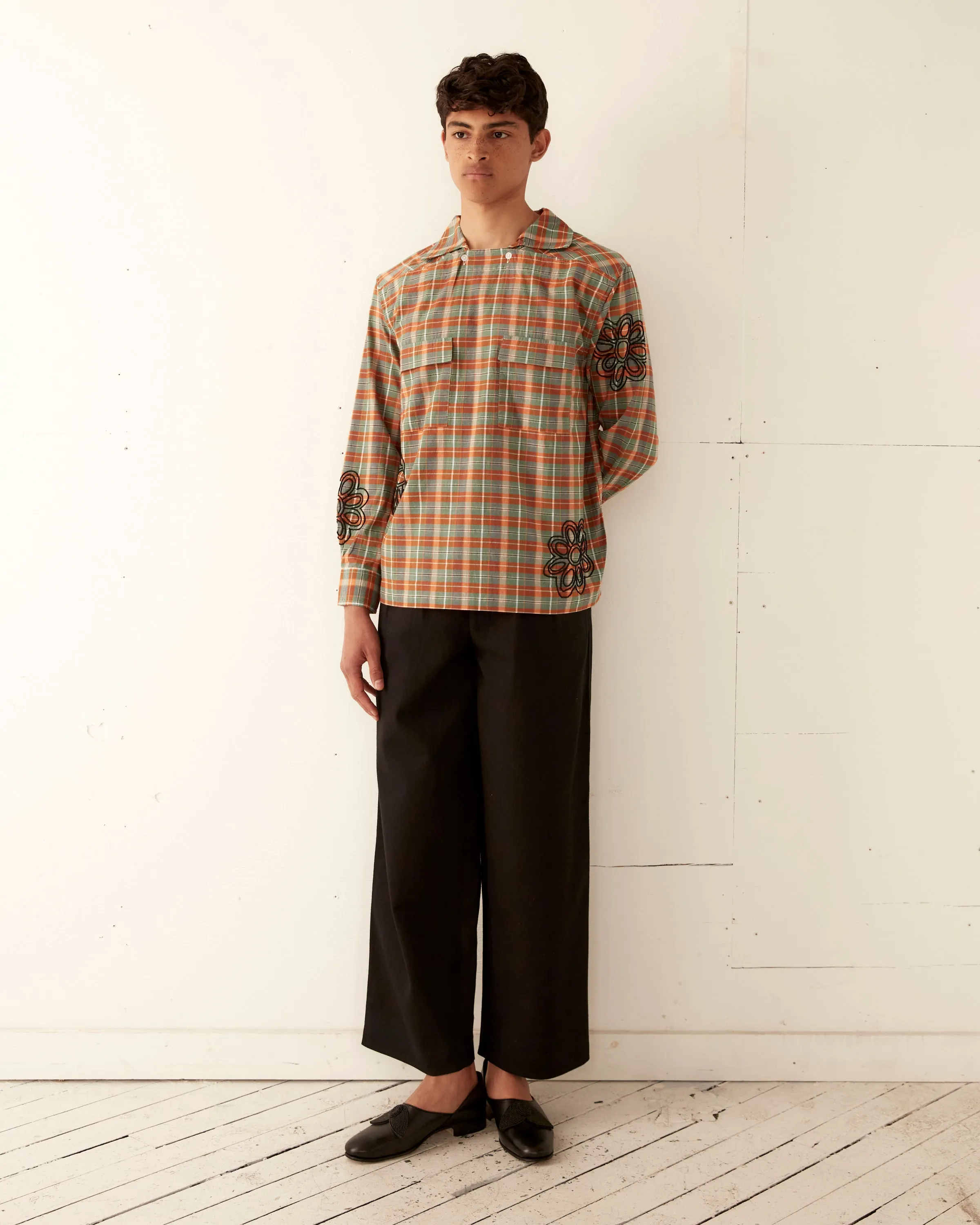 Beaded Floral Madras Long Sleeve Shirt - Blue sold by BODE