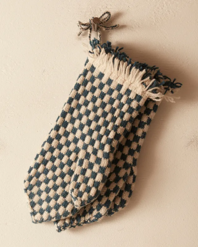 Fringe Check Mittens - Blue sold by BODE