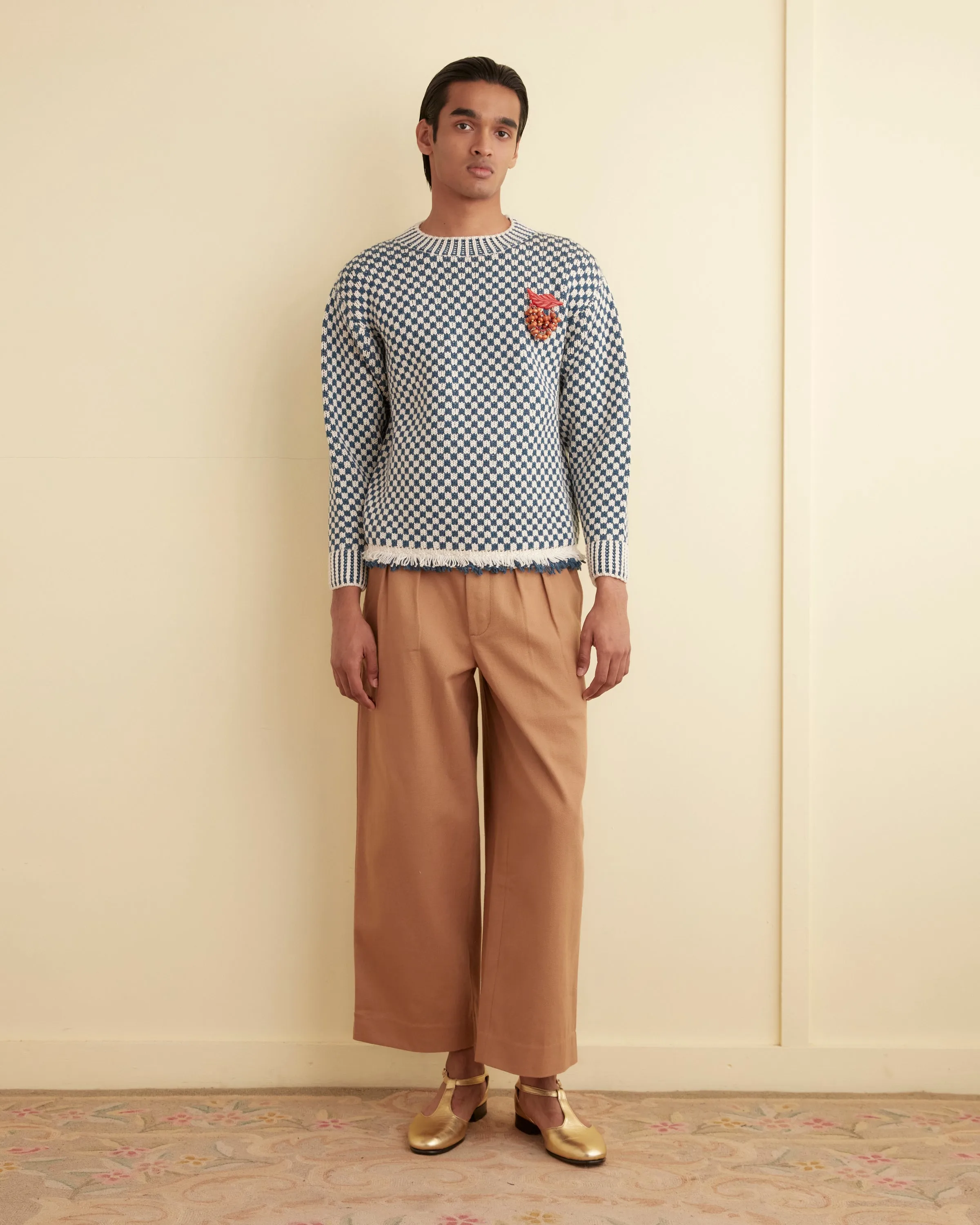 Fringe Check Pullover - Blue sold by BODE