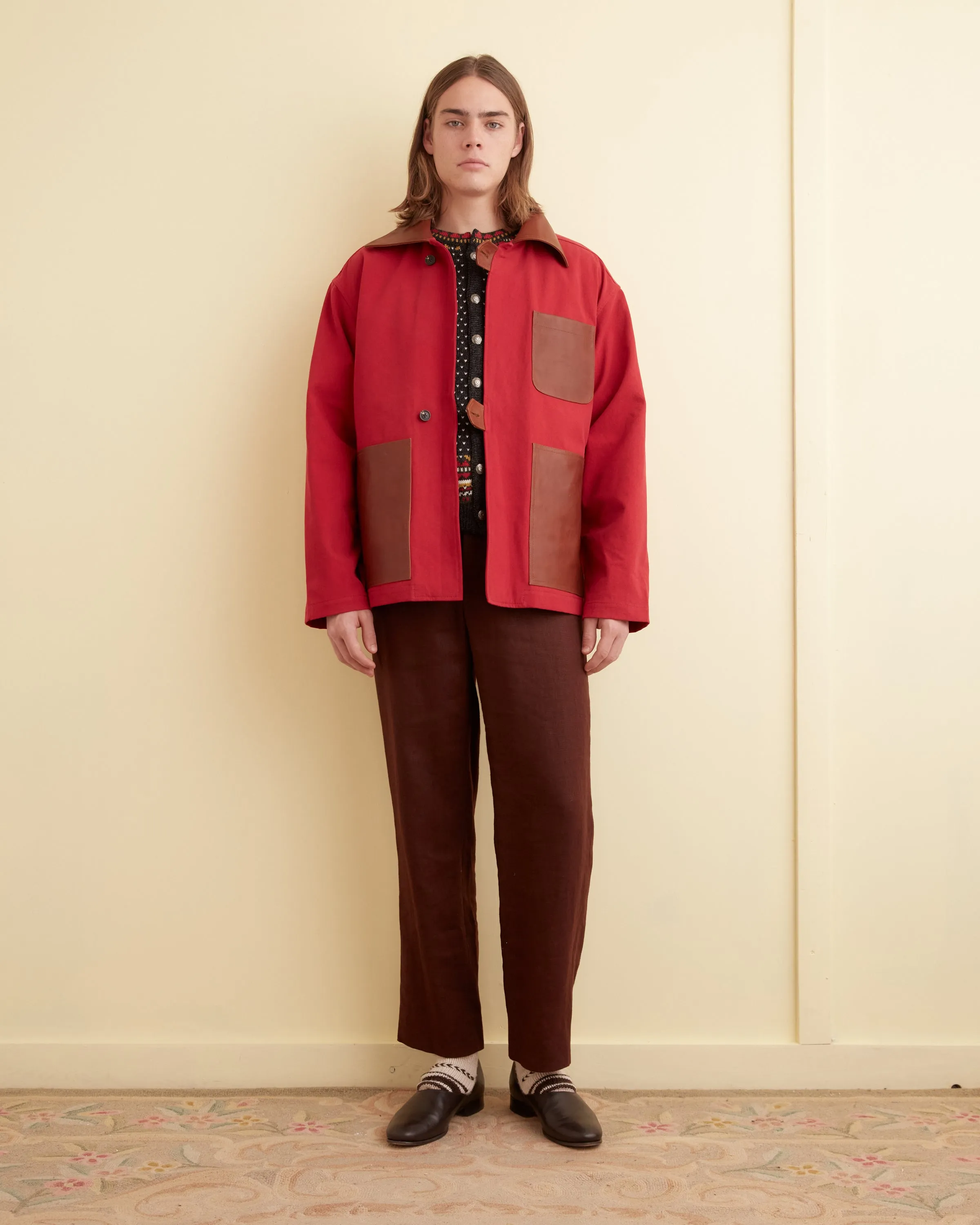 Leather Tab Jacket - Flame sold by BODE