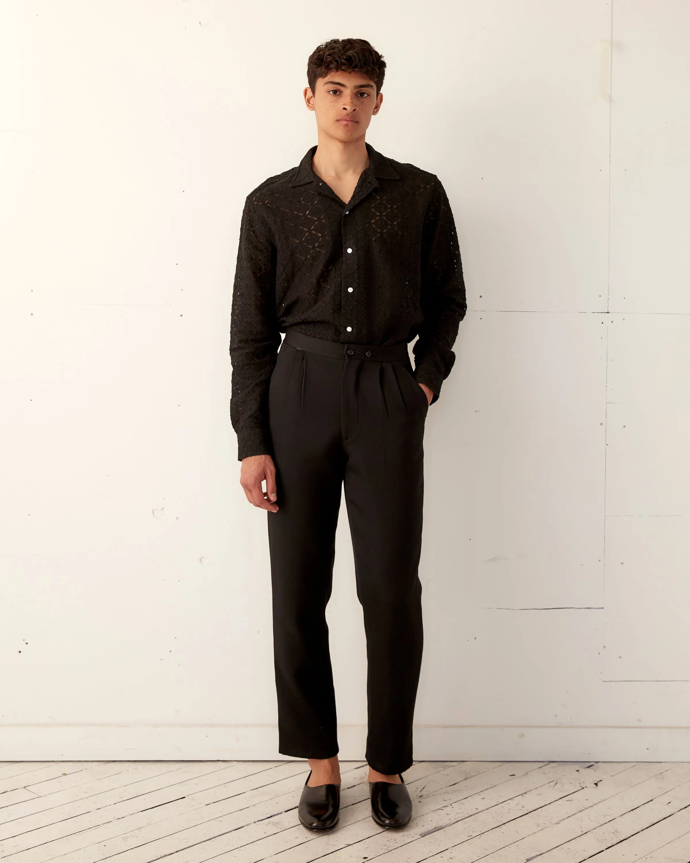 Tile Lace Long Sleeve Shirt - Black sold by BODE