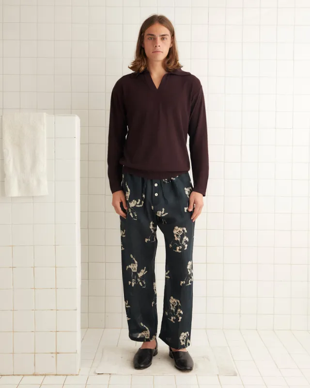 Boxy Long Sleeve Polo - Brown/Black made by BODE