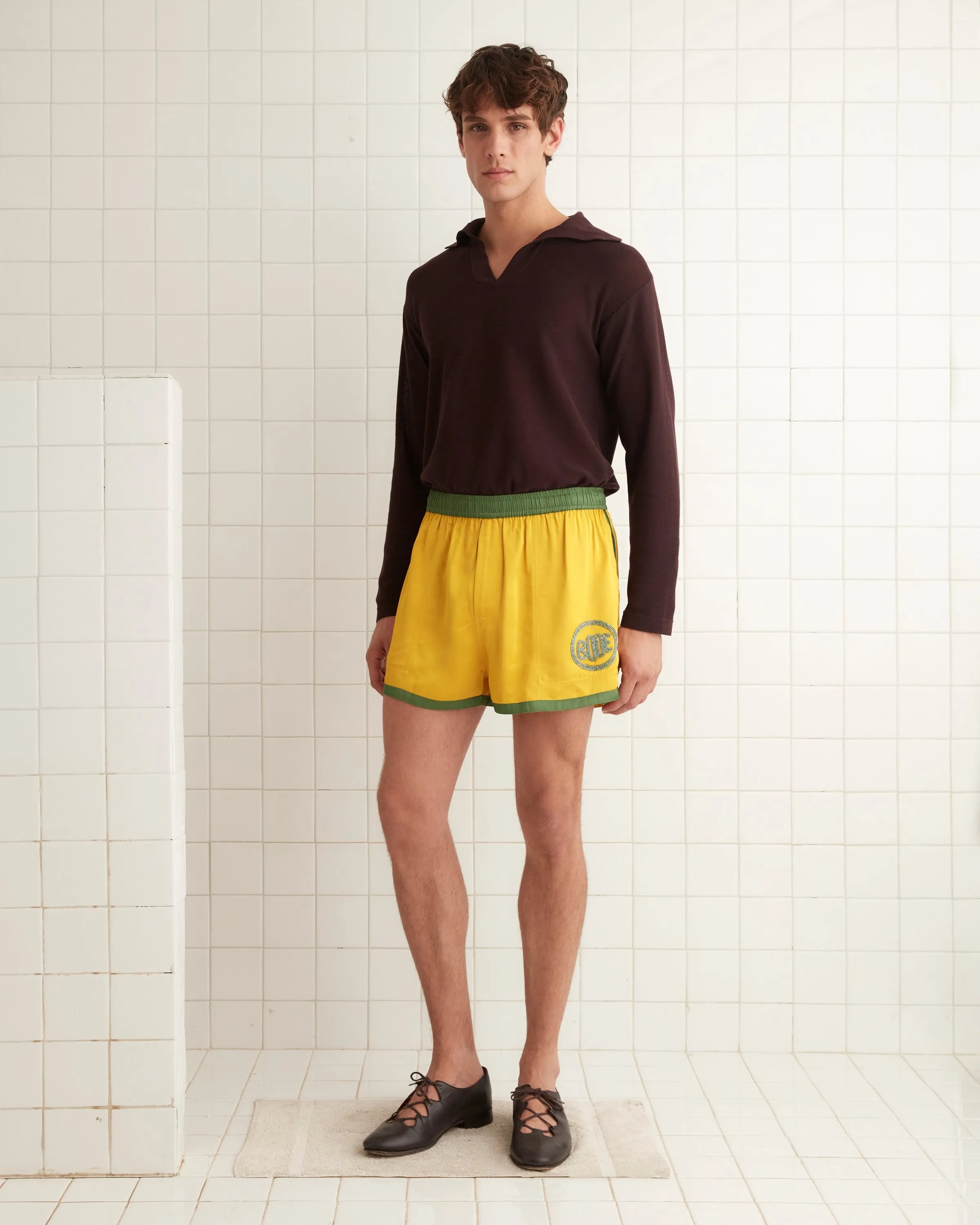 Satin Gym Shorts - Yellow sold by BODE