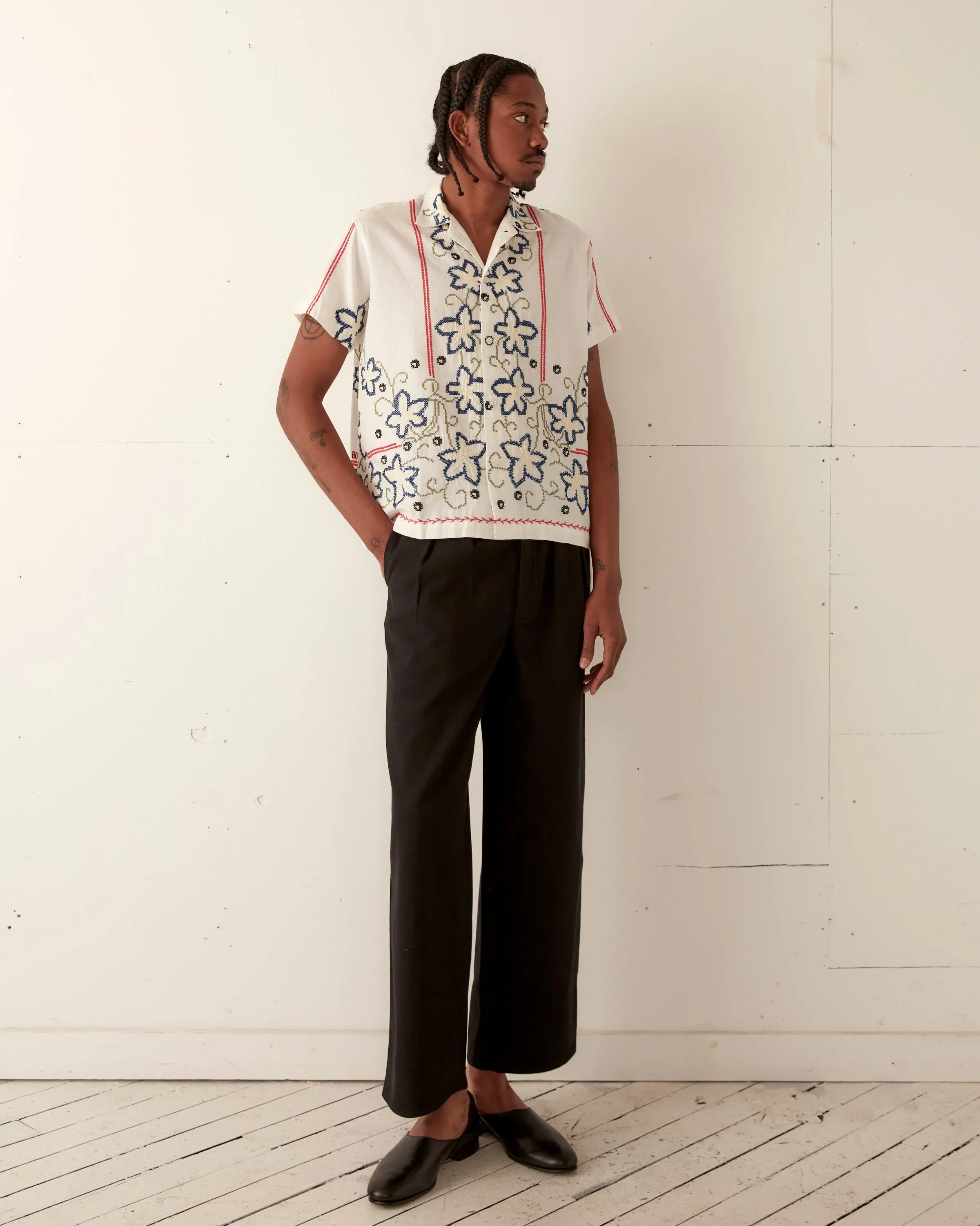 Cornflower Cross Stitch Short Sleeve Shirt sold by BODE