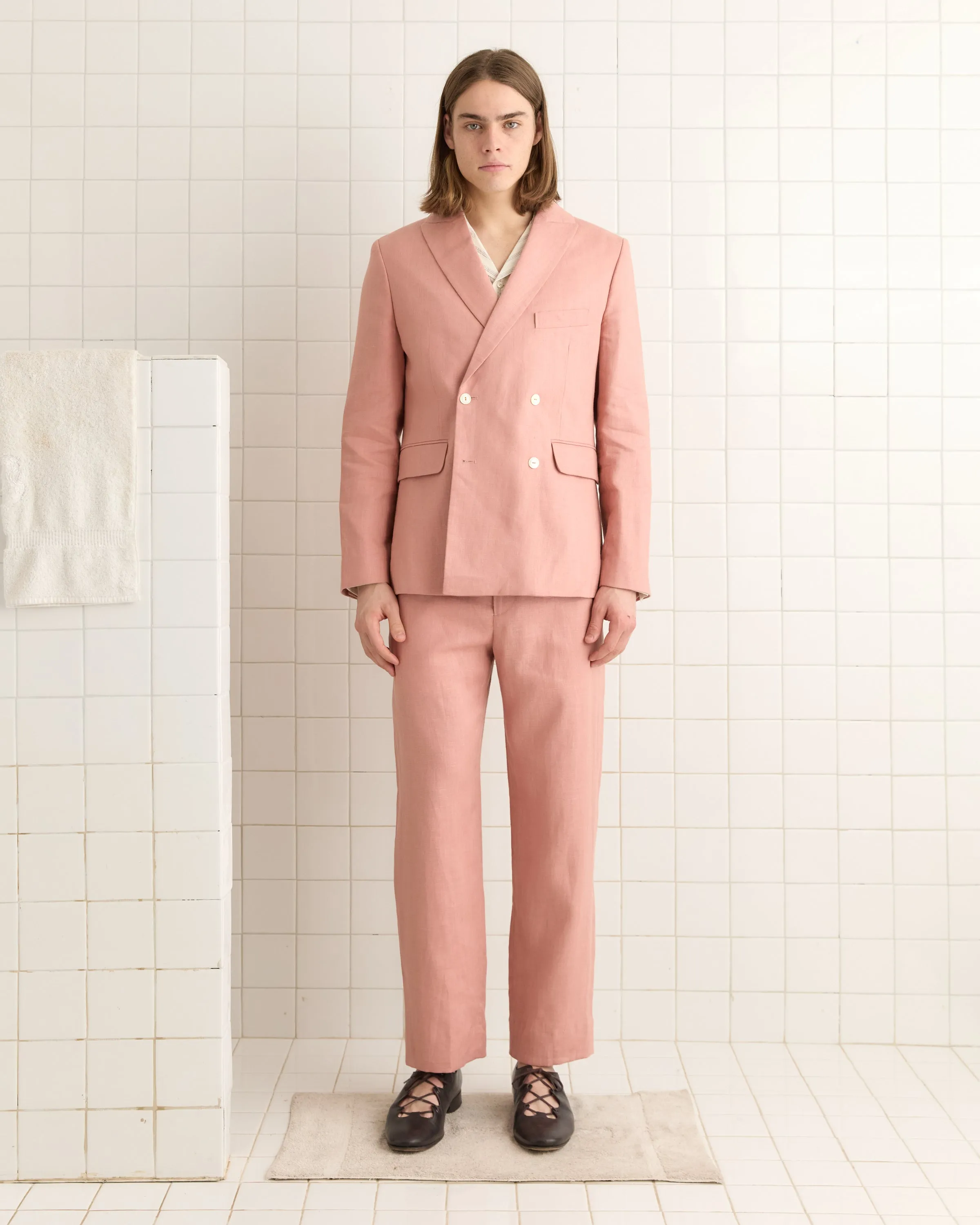 Lightweight Linen Double-Breasted Suit Jacket - Pink sold by BODE