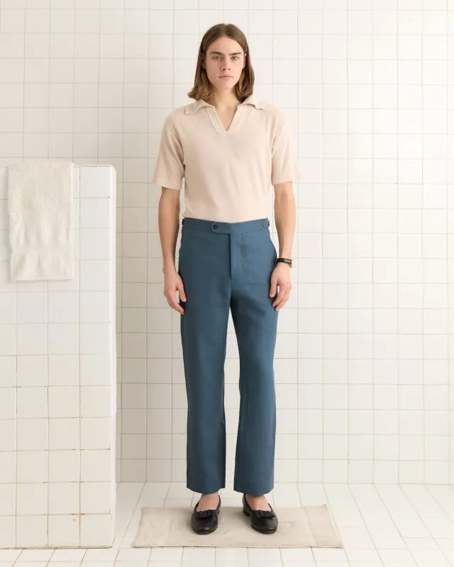 Lightweight Linen Side-Buckle Trousers - Teal sold by BODE