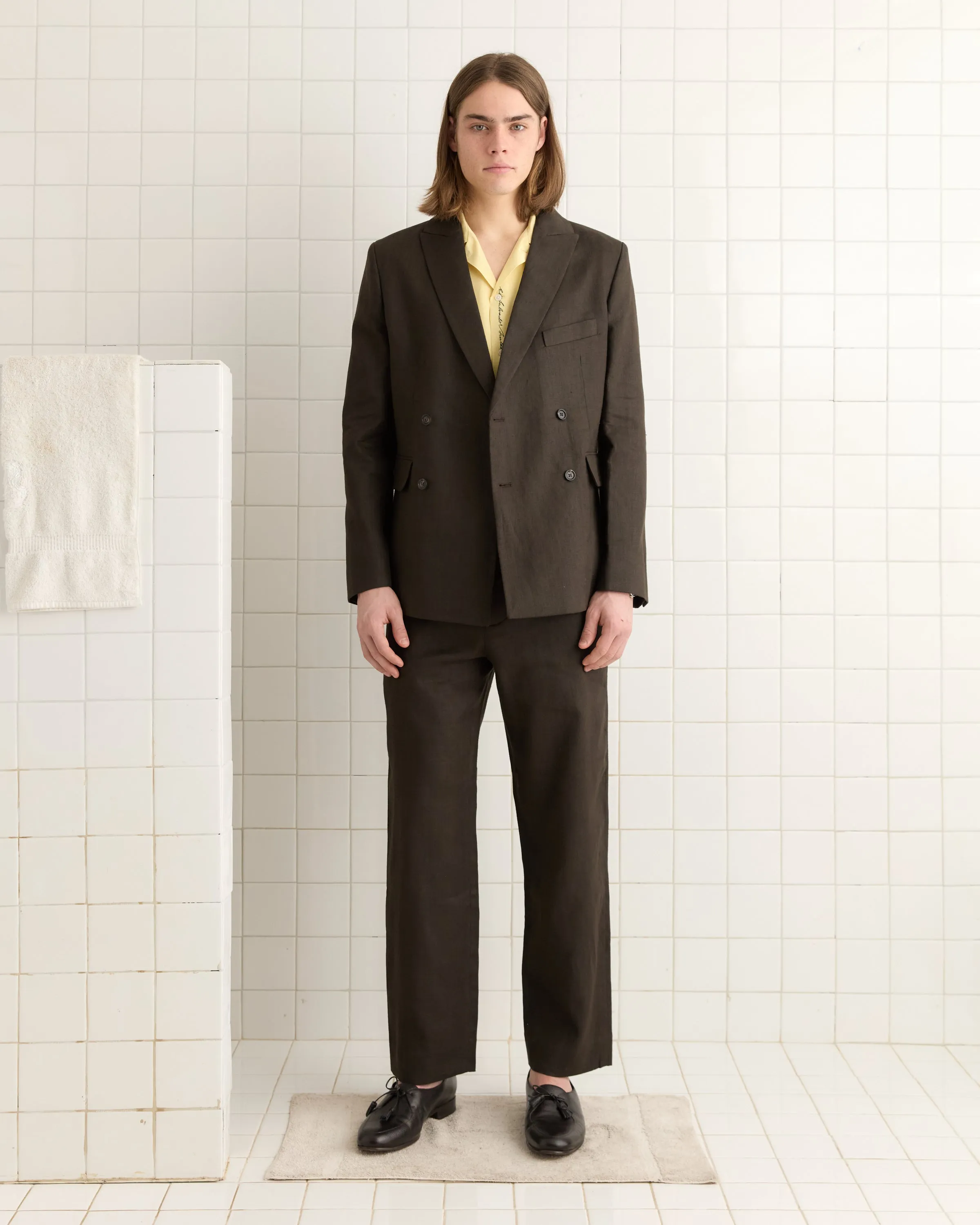 Lightweight Linen Double-Breasted Suit Jacket - Brown/Black sold by BODE