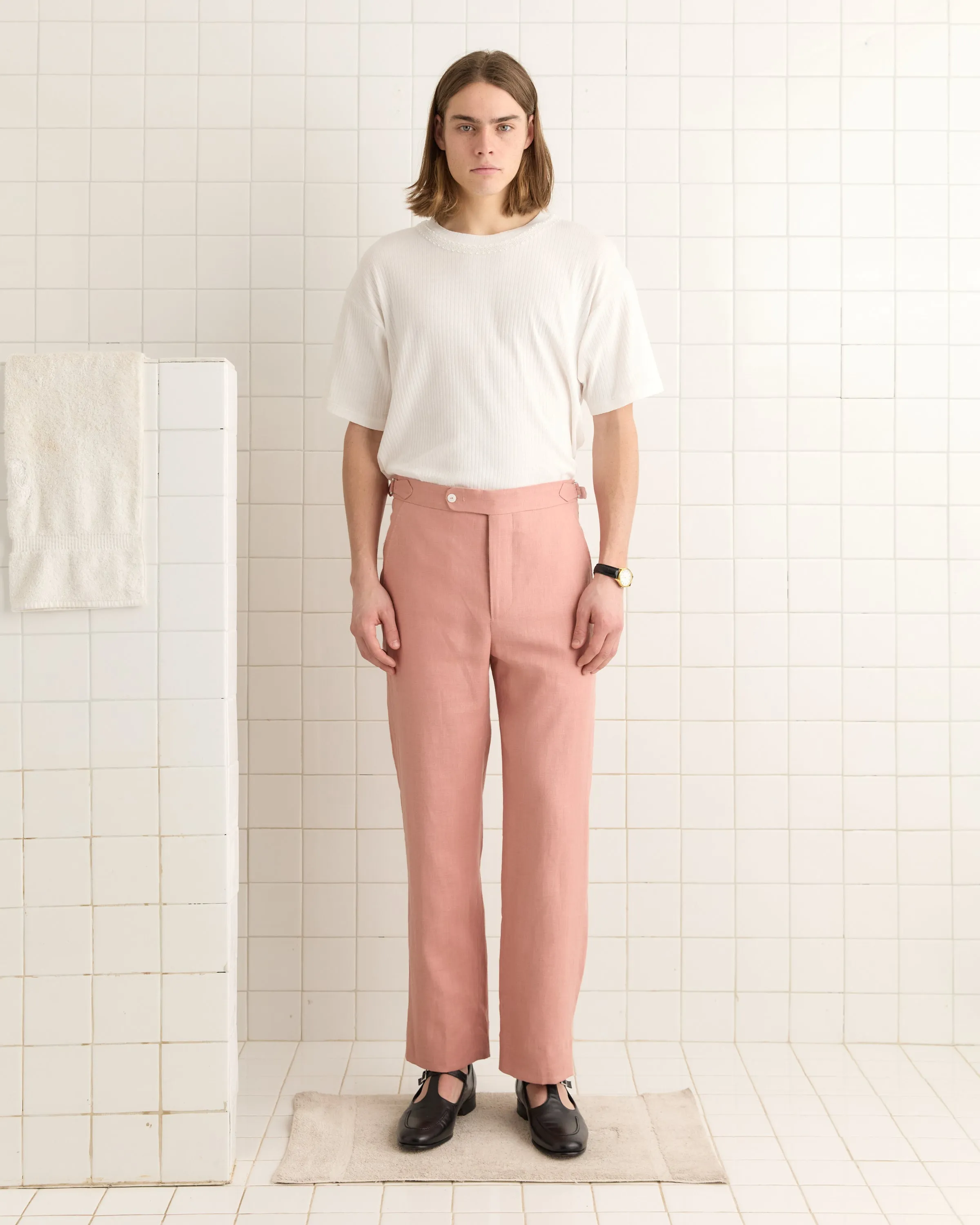 Lightweight Linen Side-Buckle Trousers - Pink sold by BODE