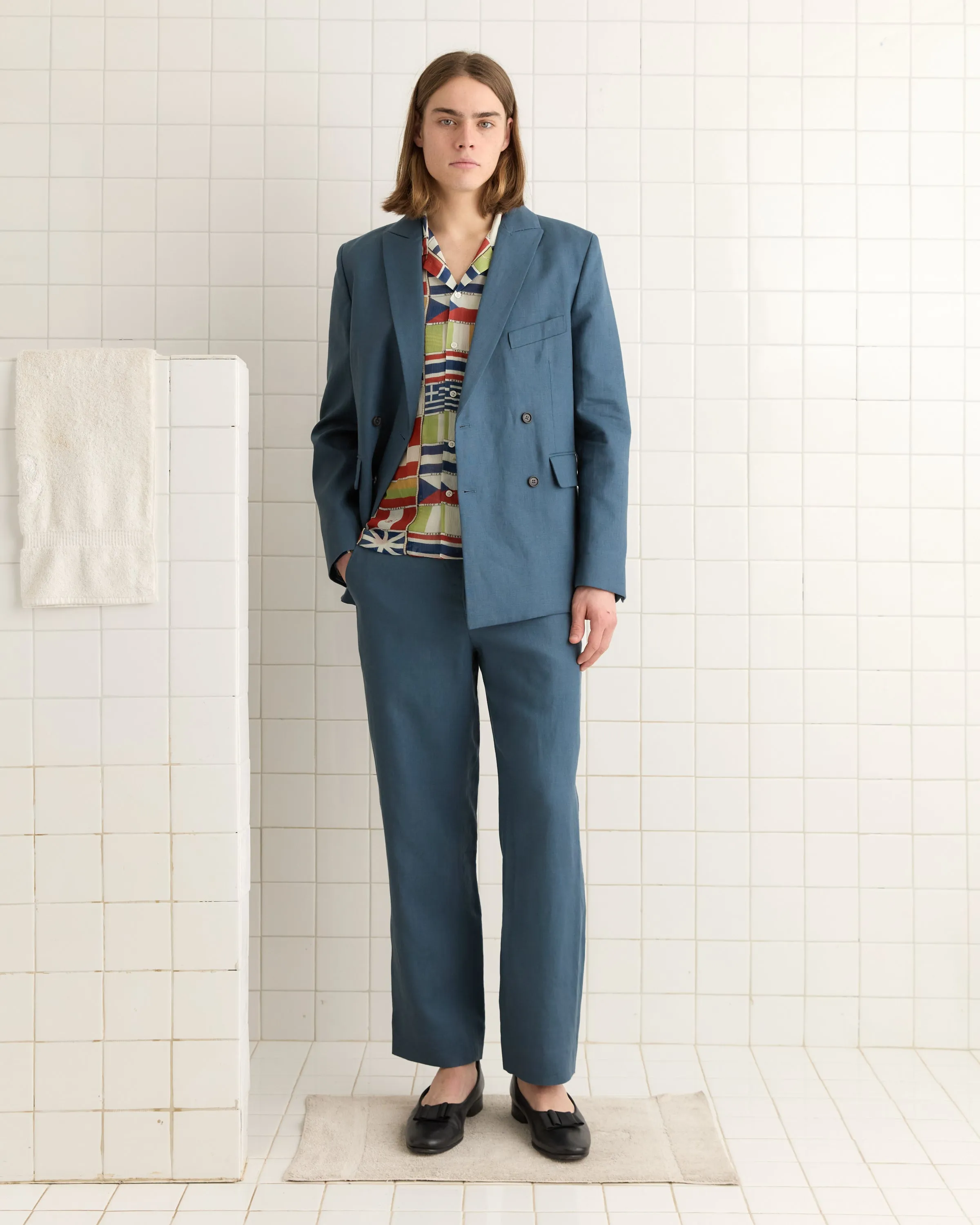 Lightweight Linen Double-Breasted Suit Jacket - Teal sold by BODE