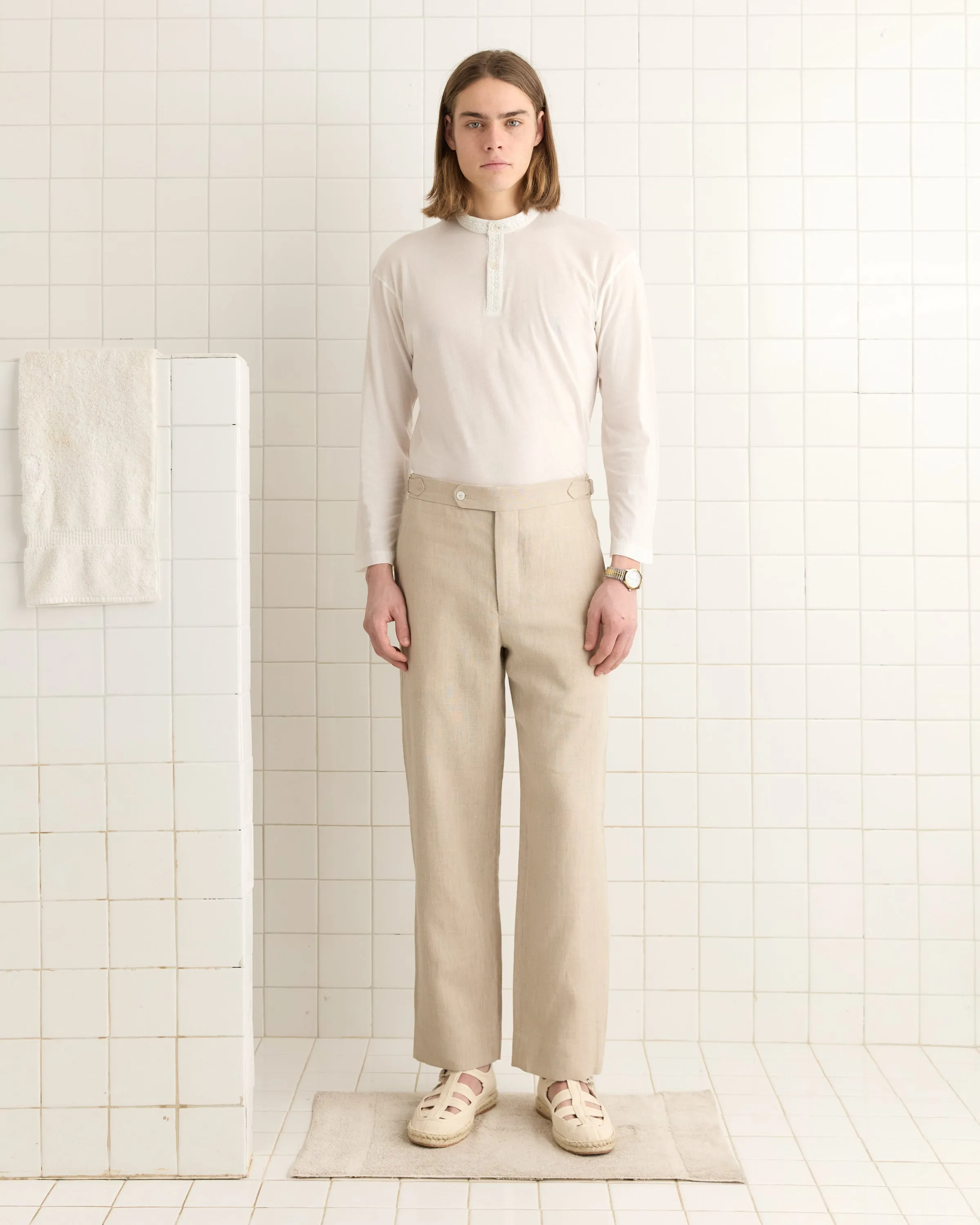 Lightweight Linen Side-Buckle Trousers - Wheat sold by BODE