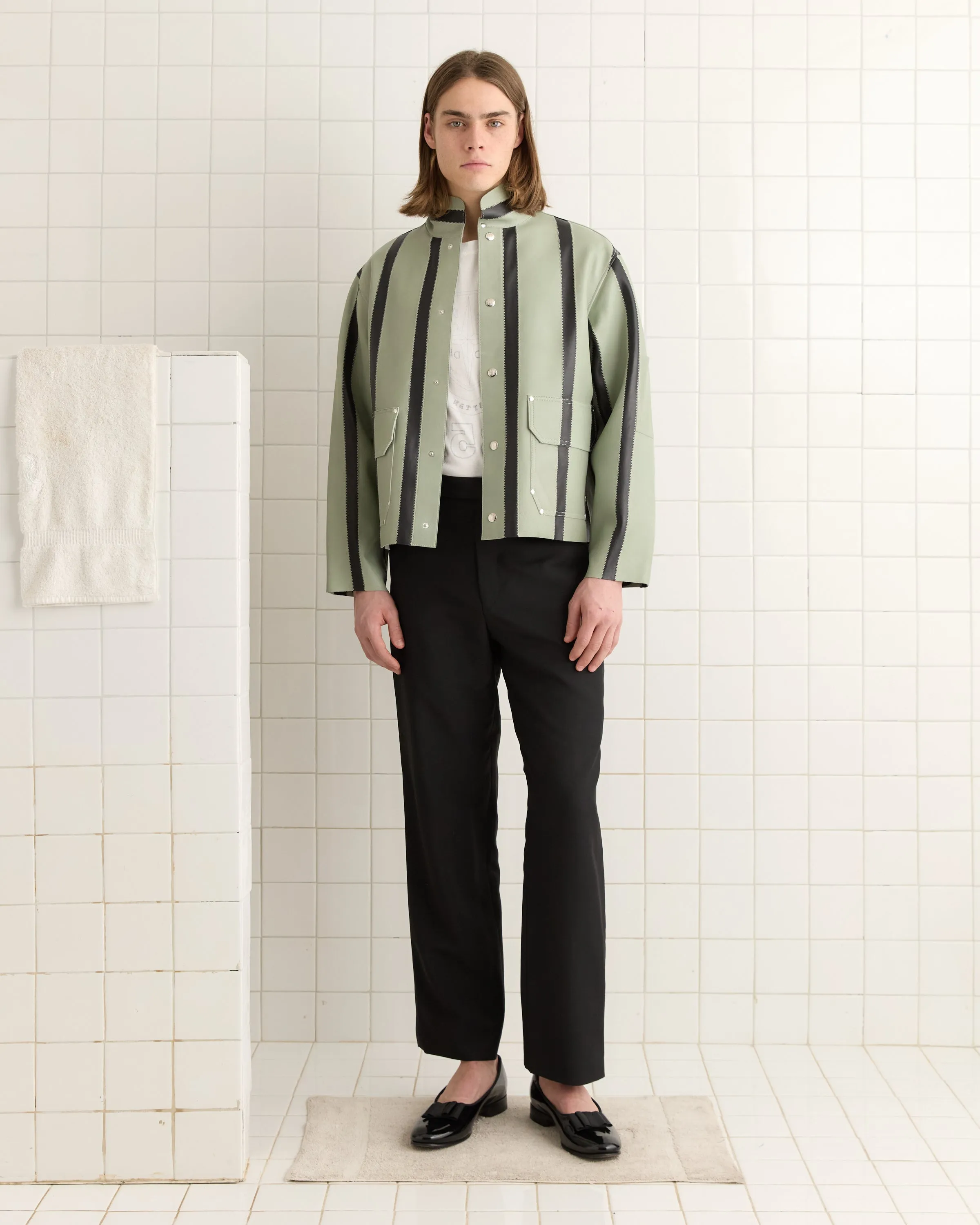 Seafoam Stripe Welding Jacket - Seafoam/Black sold by BODE