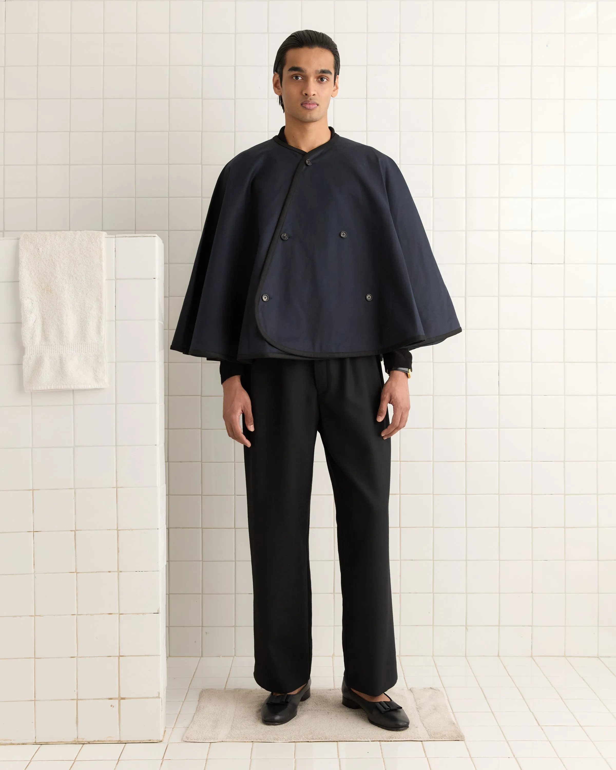 Waxed Herringbone Rain Cape - Navy sold by BODE