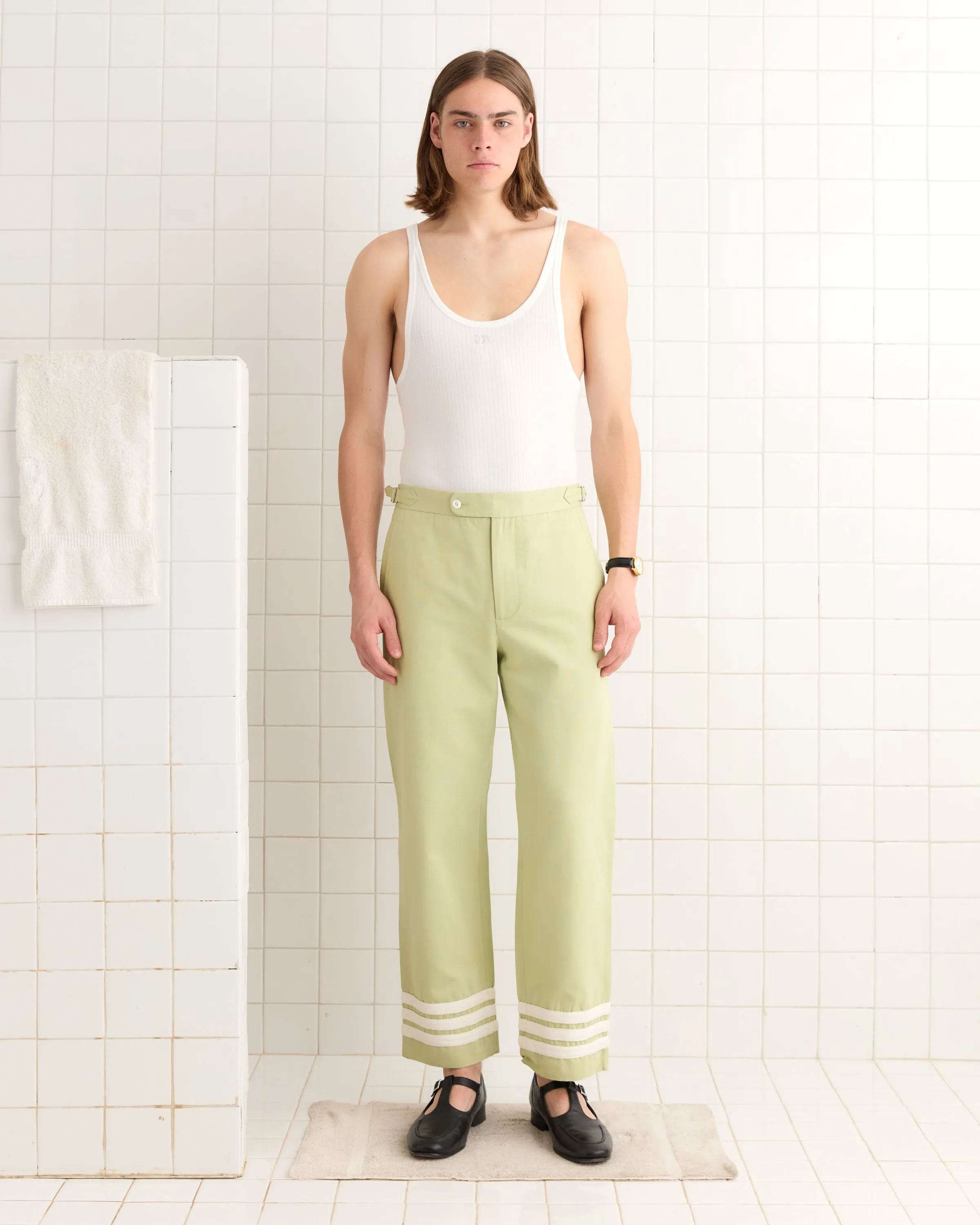 Tri-Stripe Trousers - Green/Cream sold by BODE