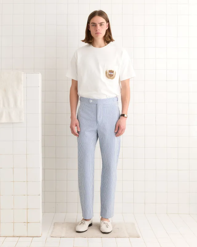 Club Stripe Side-Buckle Trousers - Blue/White sold by BODE