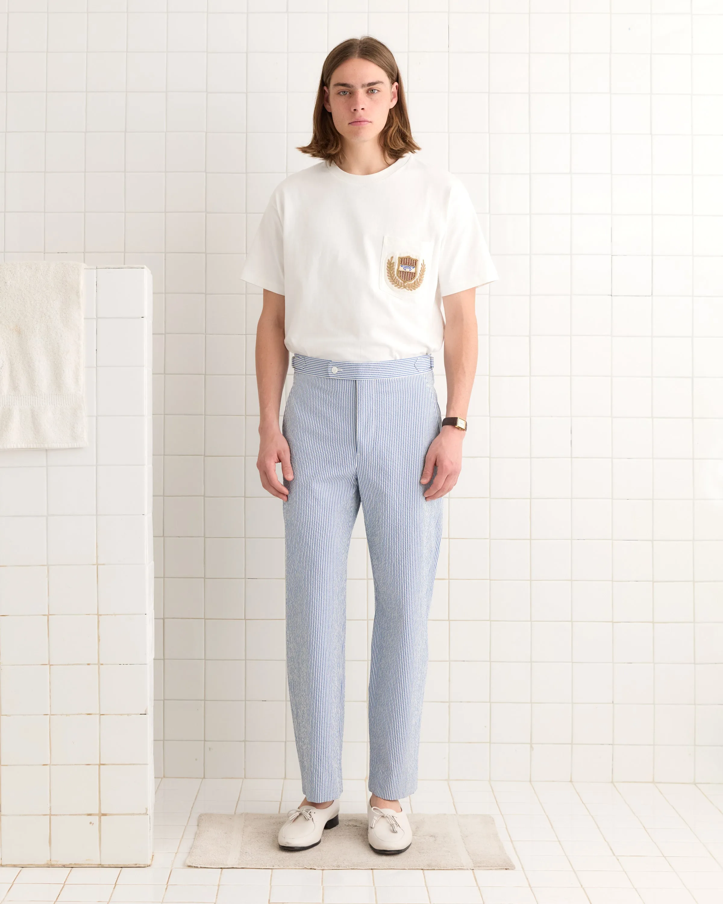 Club Stripe Side-Buckle Trousers - Blue/White sold by BODE