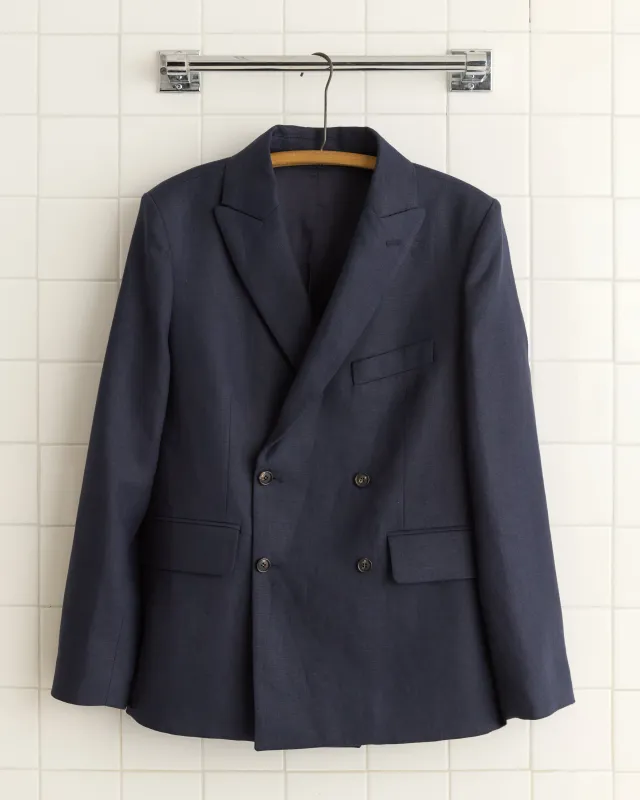 Linen Double-Breasted Suit Jacket - Navy sold by BODE