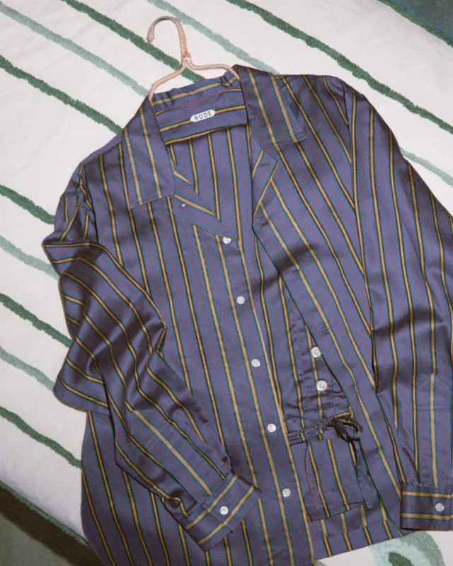 Alumni Stripe Long Sleeve Shirt- Blue sold by BODE