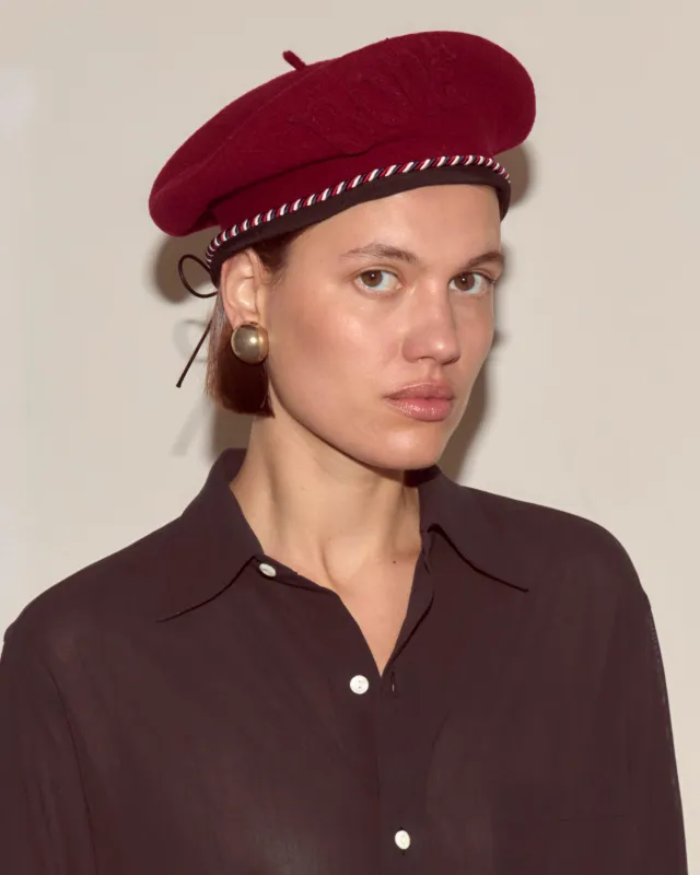 Script Beret - Bordeaux with Red/Blue Piping sold by BODE