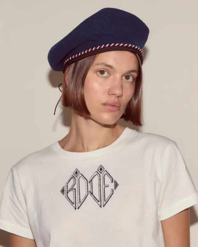 Script Beret - Navy with Red/Blue Piping sold by BODE