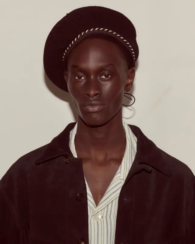 Script Beret - Black with Brown/Black Piping sold by BODE