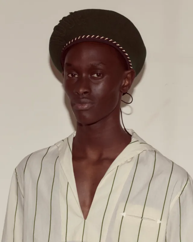 Script Beret - Green with Brown/Black Piping sold by BODE