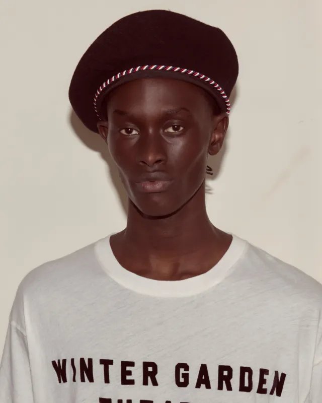 Script Beret - Black with Red/Blue Piping sold by BODE