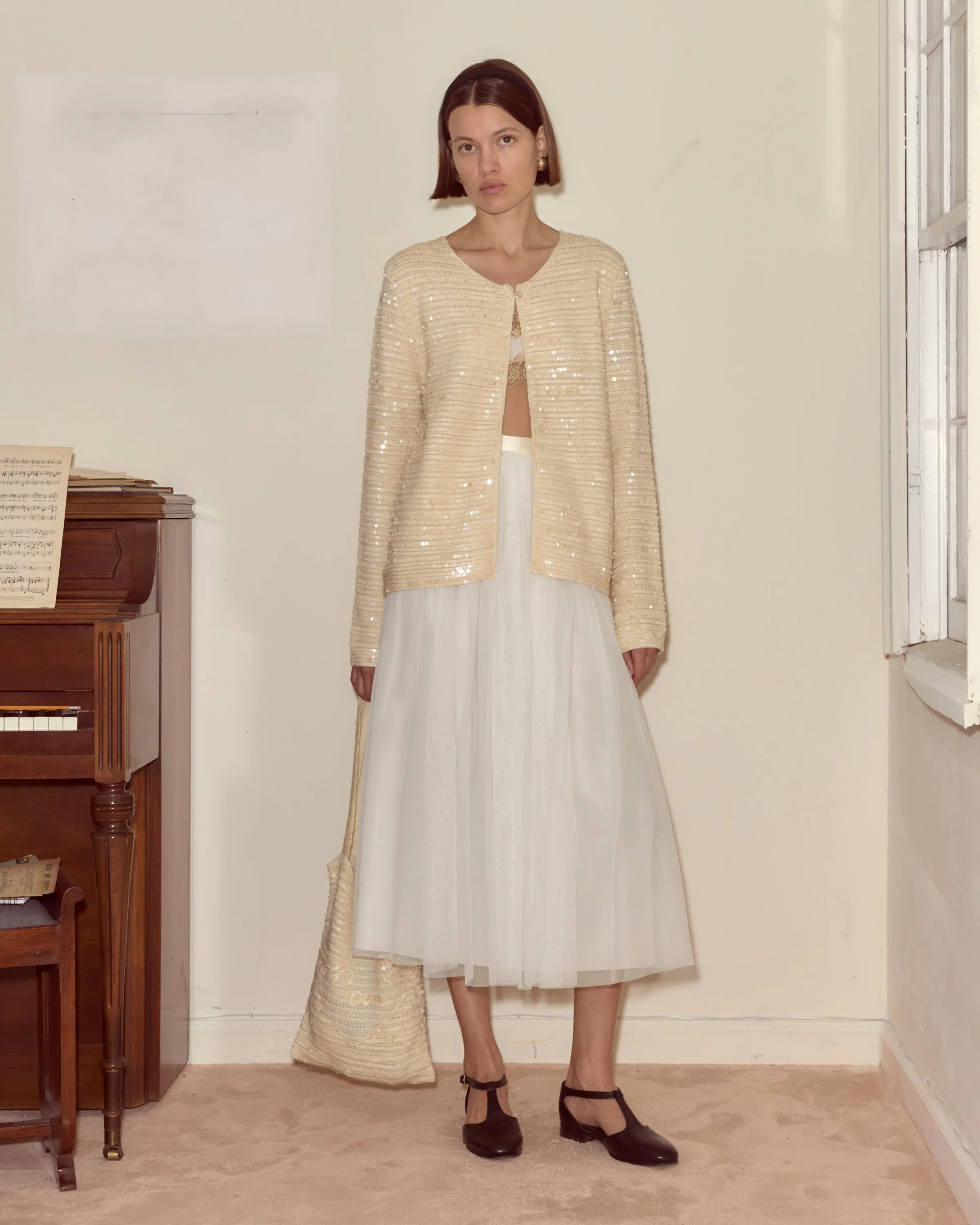 Sequin Spotlight Swing Cardigan - Ivory sold by BODE