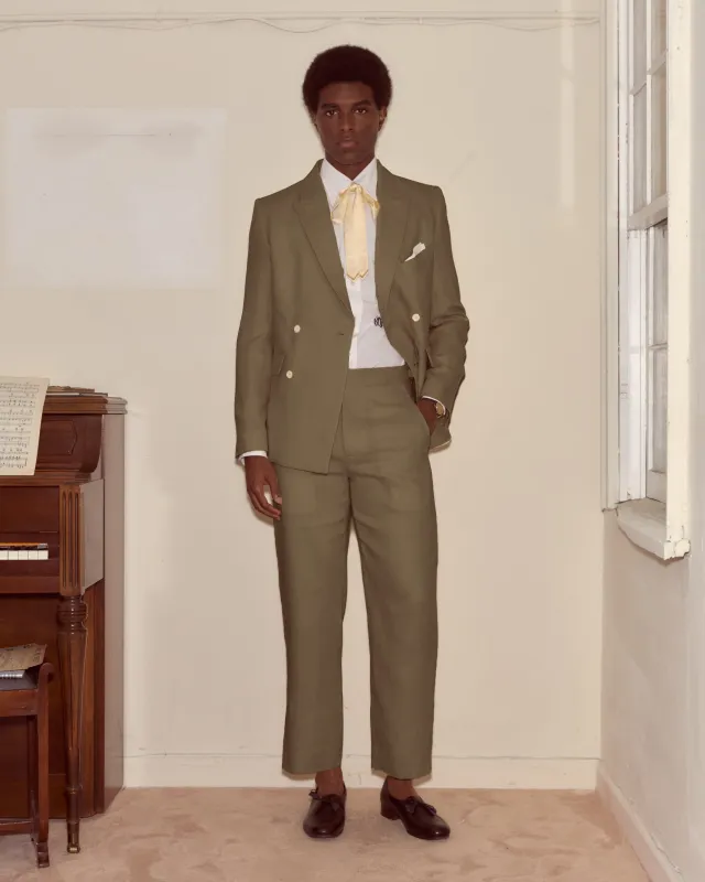 Lightweight Linen Double-Breasted Suit Jacket - Olive sold by BODE