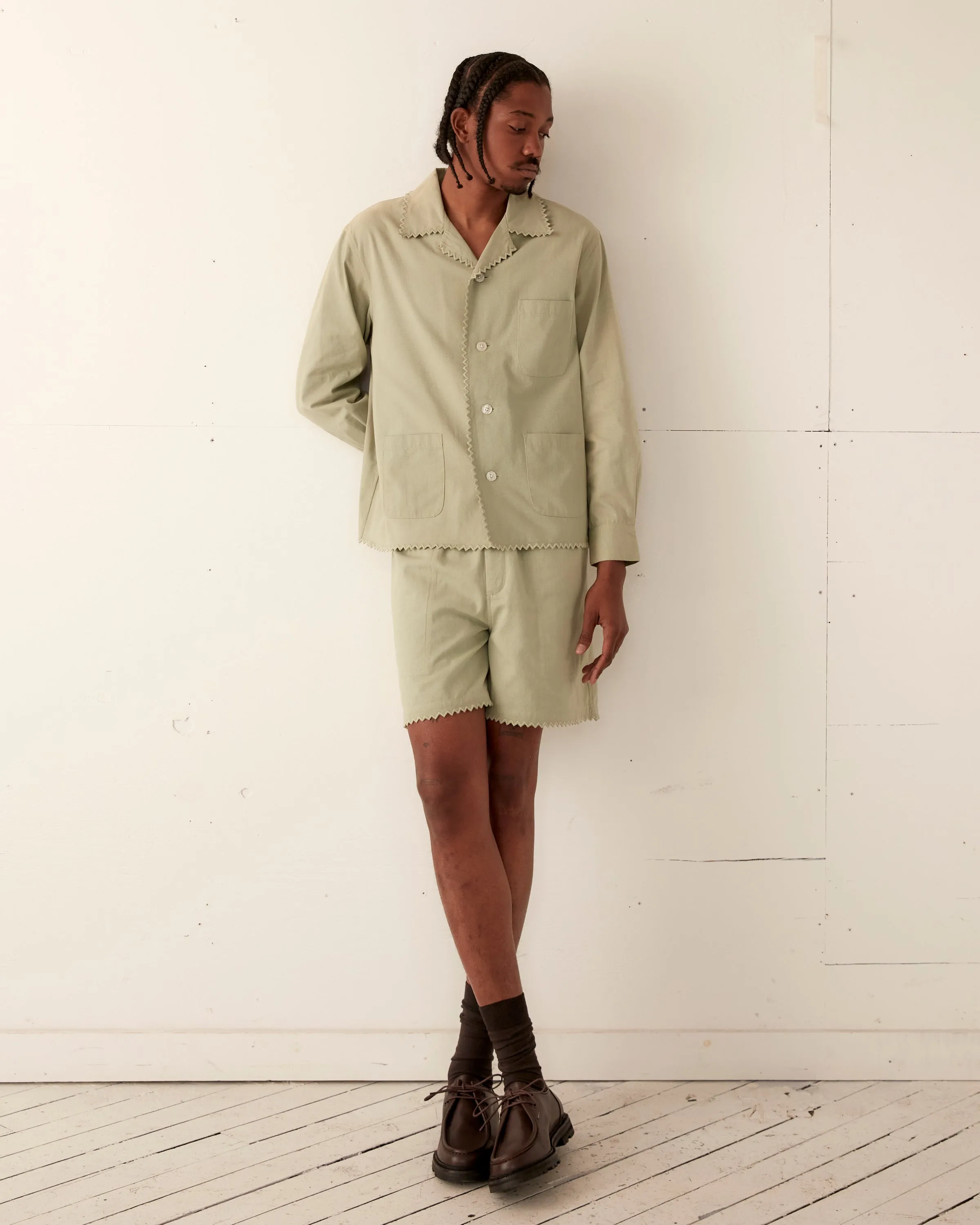 Zig-Zag Hem Long Sleeve Shirt - Mint sold by BODE